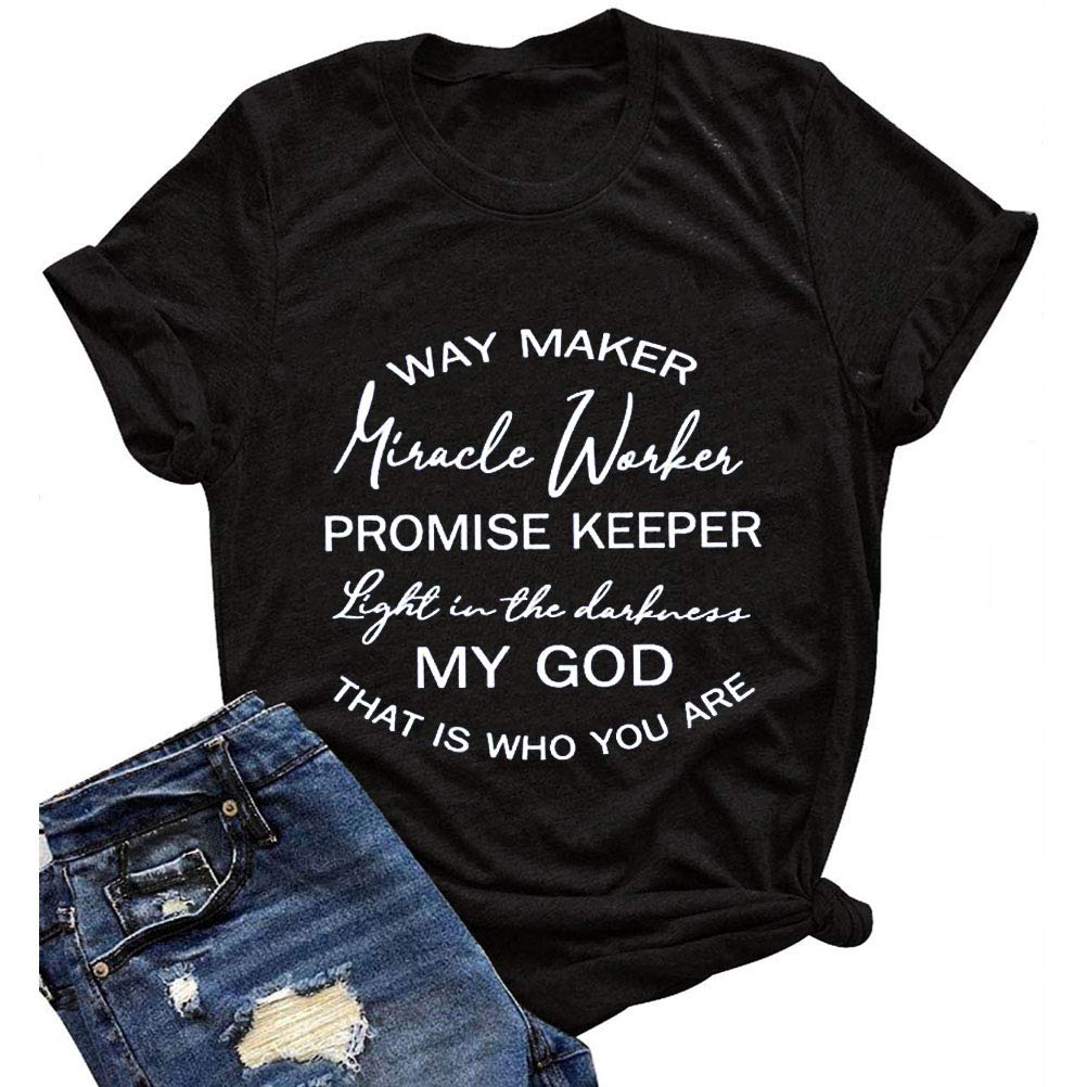 FZLYE Women's Inspirational Graphic T-Shirt - Way Maker Miracle Worker Promise Keeper Light in The Darkness Christian Faith Apparel | Casual Wear, Church Outfits & Everyday Comfort