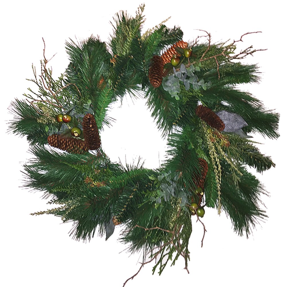 24 Inch Christmas Wreath with Mixed Greens & Pinecones - Holiday Front Door Decor, Fireplace Mantel, and Seasonal Home Decoration