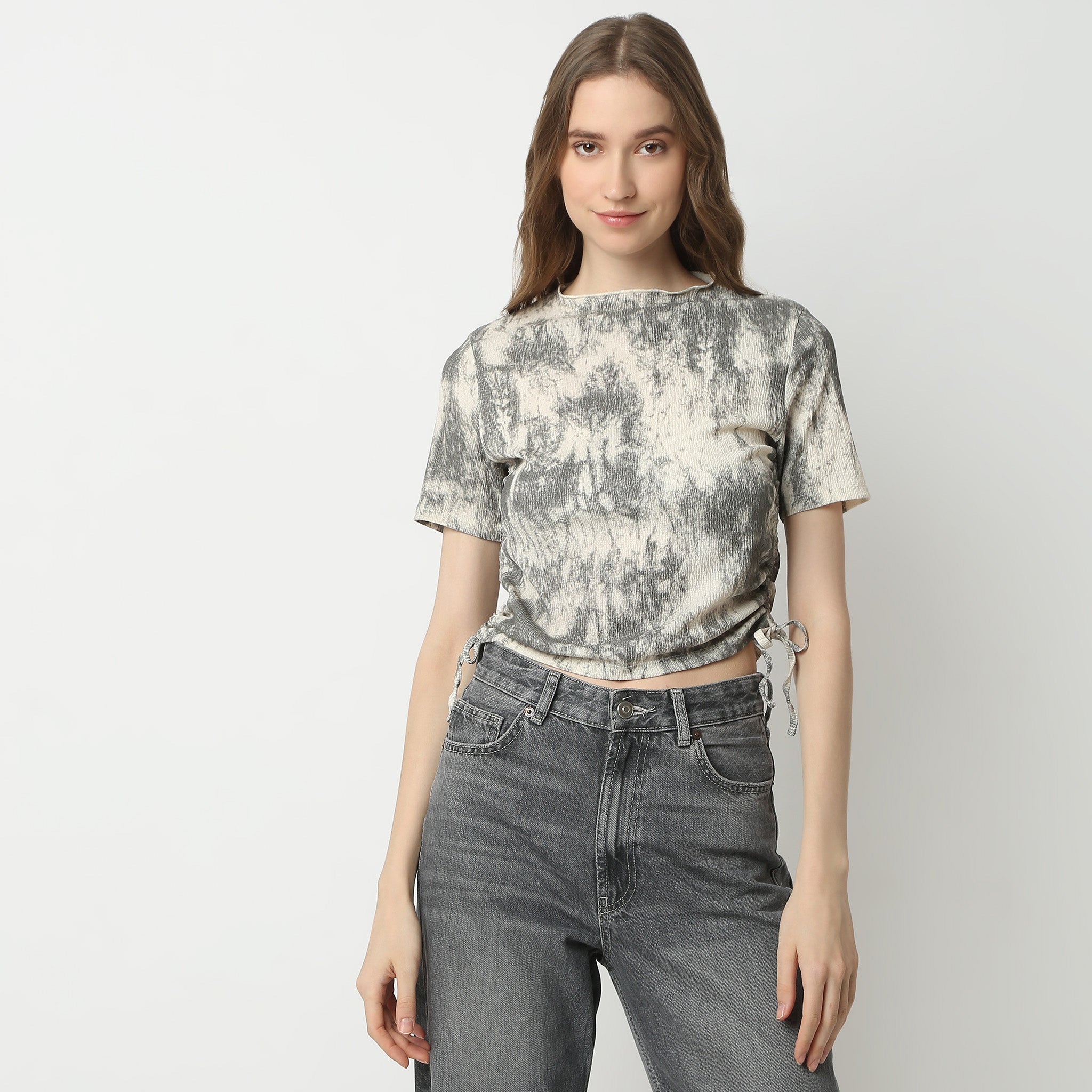 Abstract Print Short Sleeve Betty Crop Top for Women - Trendy Summer Fashion Top for Casual Outings, Beach Wear & Music Festivals