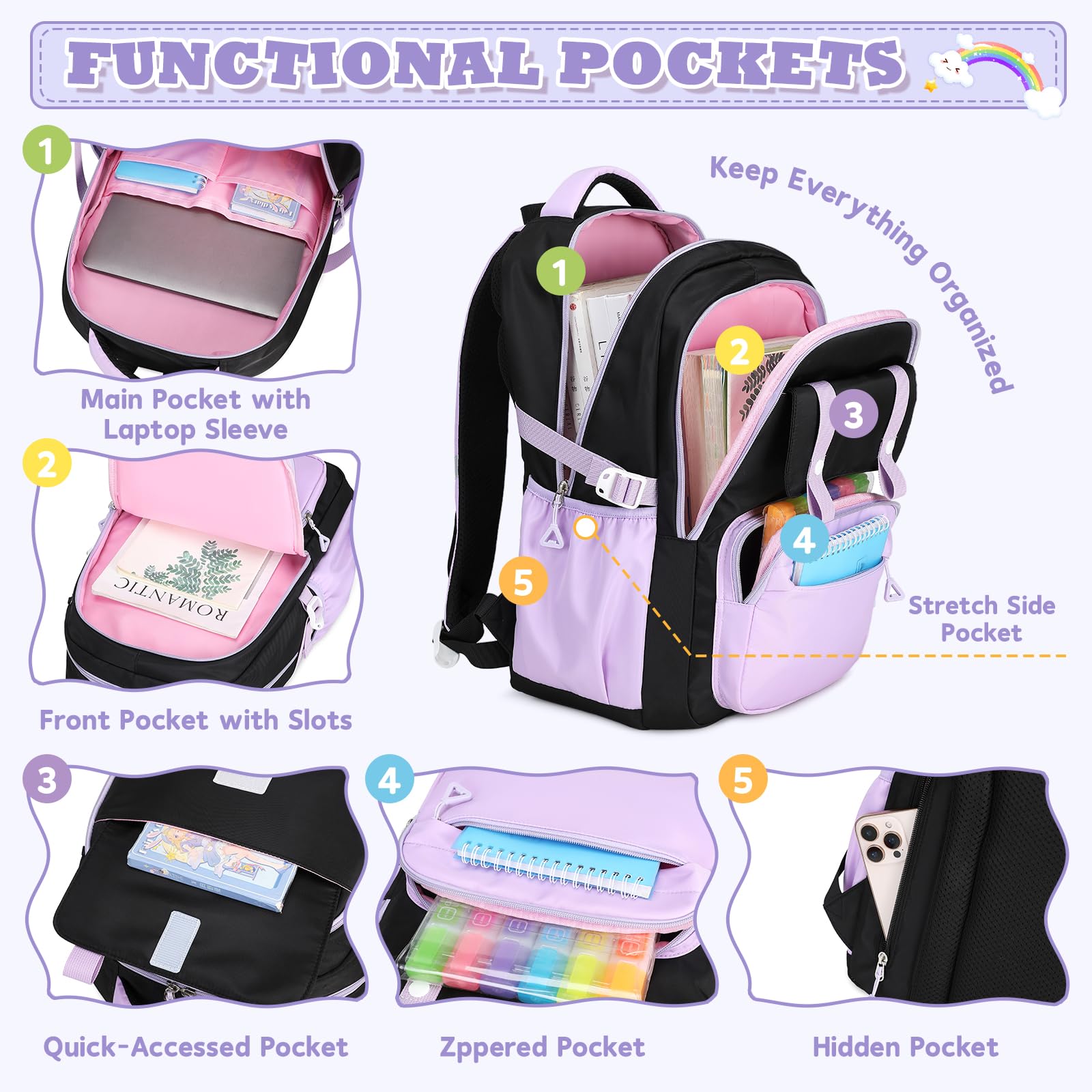 **Girls Backpack for Kindergarten, Elementary & Middle School - Large Capacity Kids Bookbag with Multiple Pockets (Black & Purple) - Perfect for School, Travel & Daily Use**