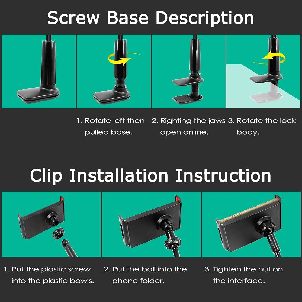Adjustable Gooseneck Tablet Holder Stand for Phones & Tablets 4-11 Inches - Long Arm Bed Desk Mount for Reading, Watching Videos & Hands-Free Use (Black)