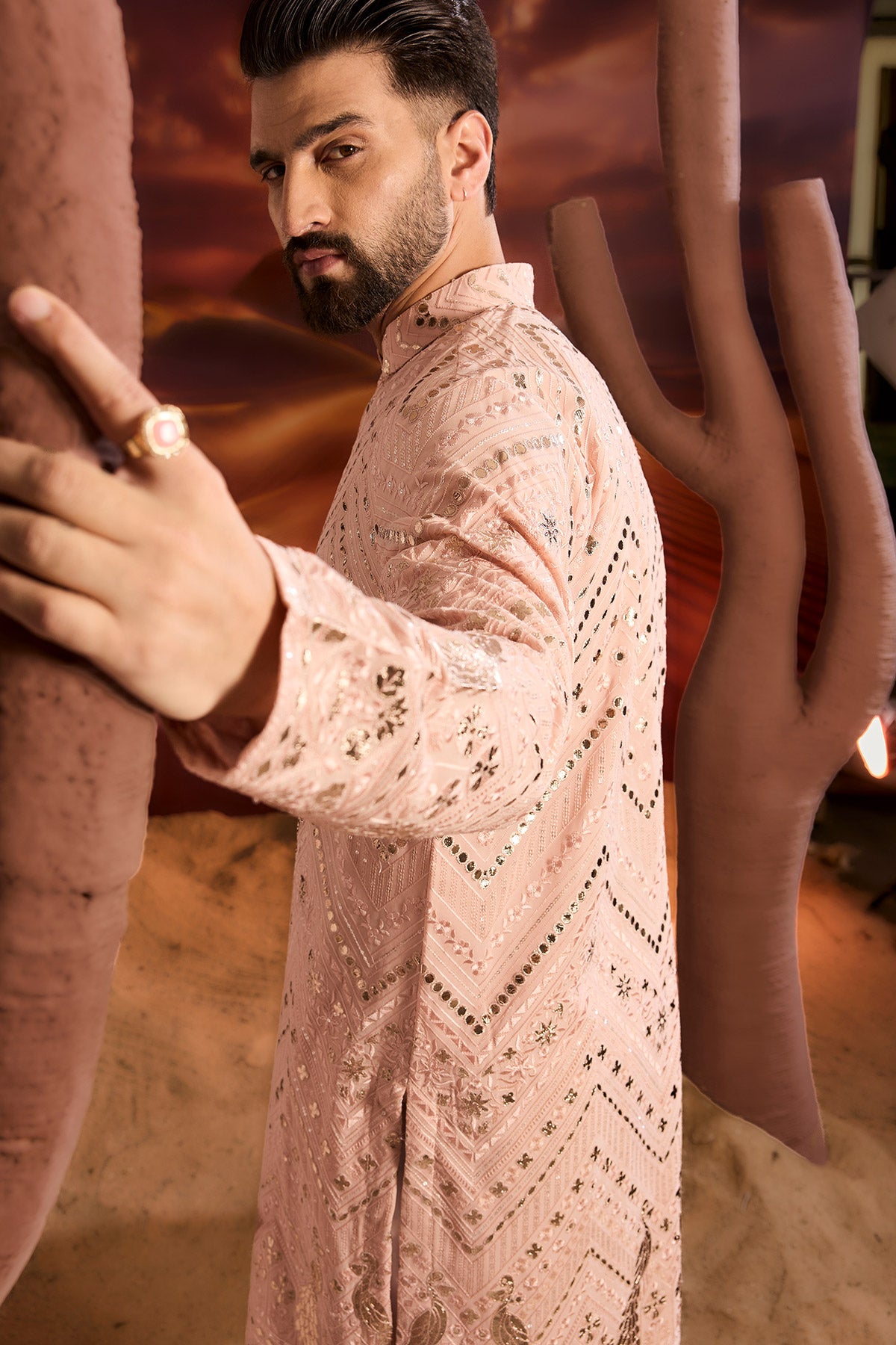 Elegant Pink Leather Patchwork Kurta with Intricate Floral & Fauna Embroidery - Perfect for Festivals, Weddings & Ethnic Fashion