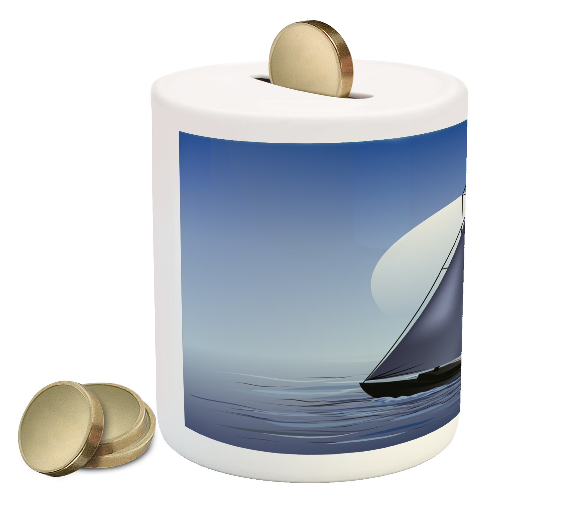 Ambesonne Nautical Ceramic Piggy Bank - Sailboat Moonrise Ocean Reflection Design, Violet Blue Money Box for Cash Savings | Perfect Gift for Kids, Collectors & Beach-Themed Home Decor