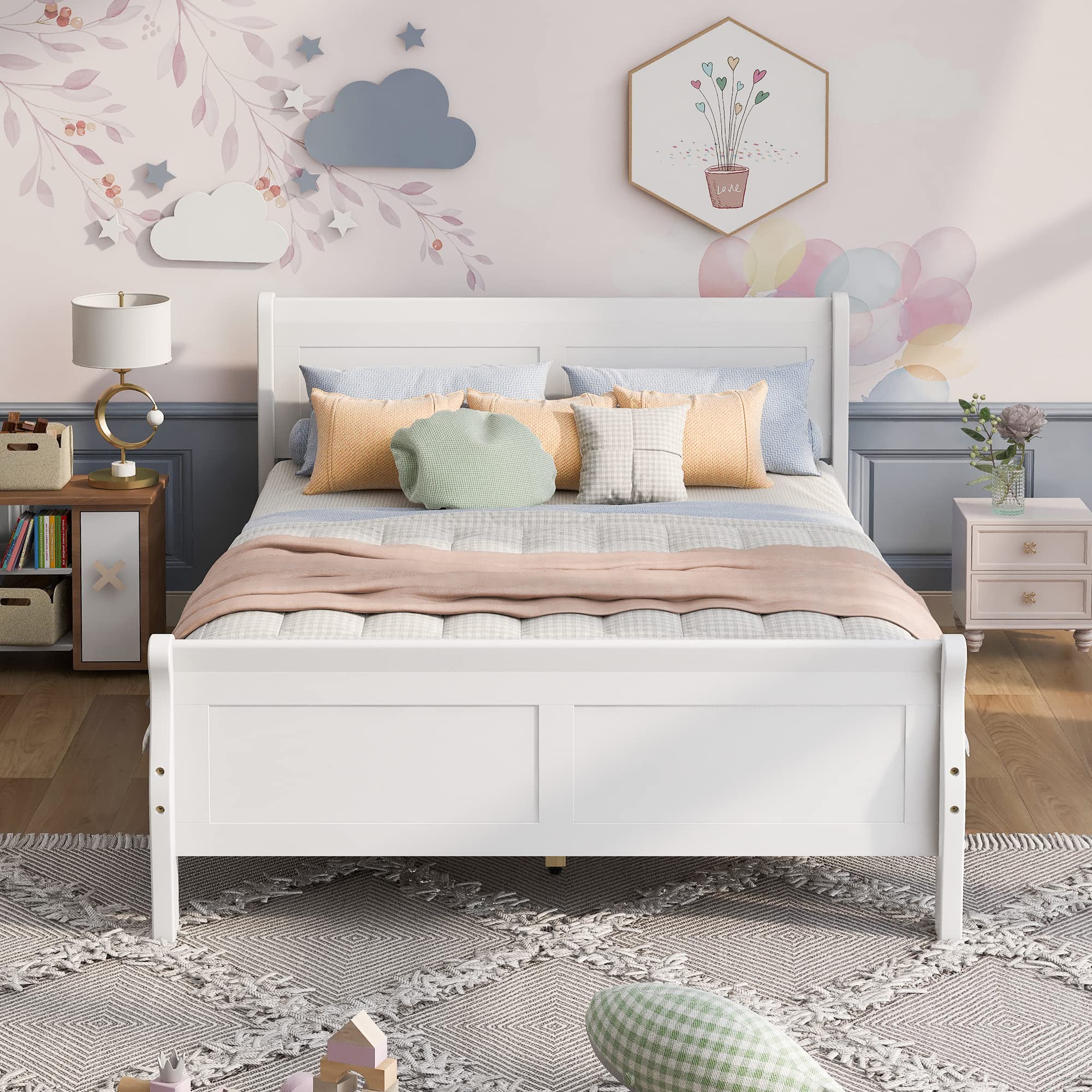 Queen Size Wood Platform Bed Frame with Headboard & Slats - Sturdy Sleigh Design, No Box Spring Needed - Perfect for Master Bedrooms, Guest Rooms & Dormitories