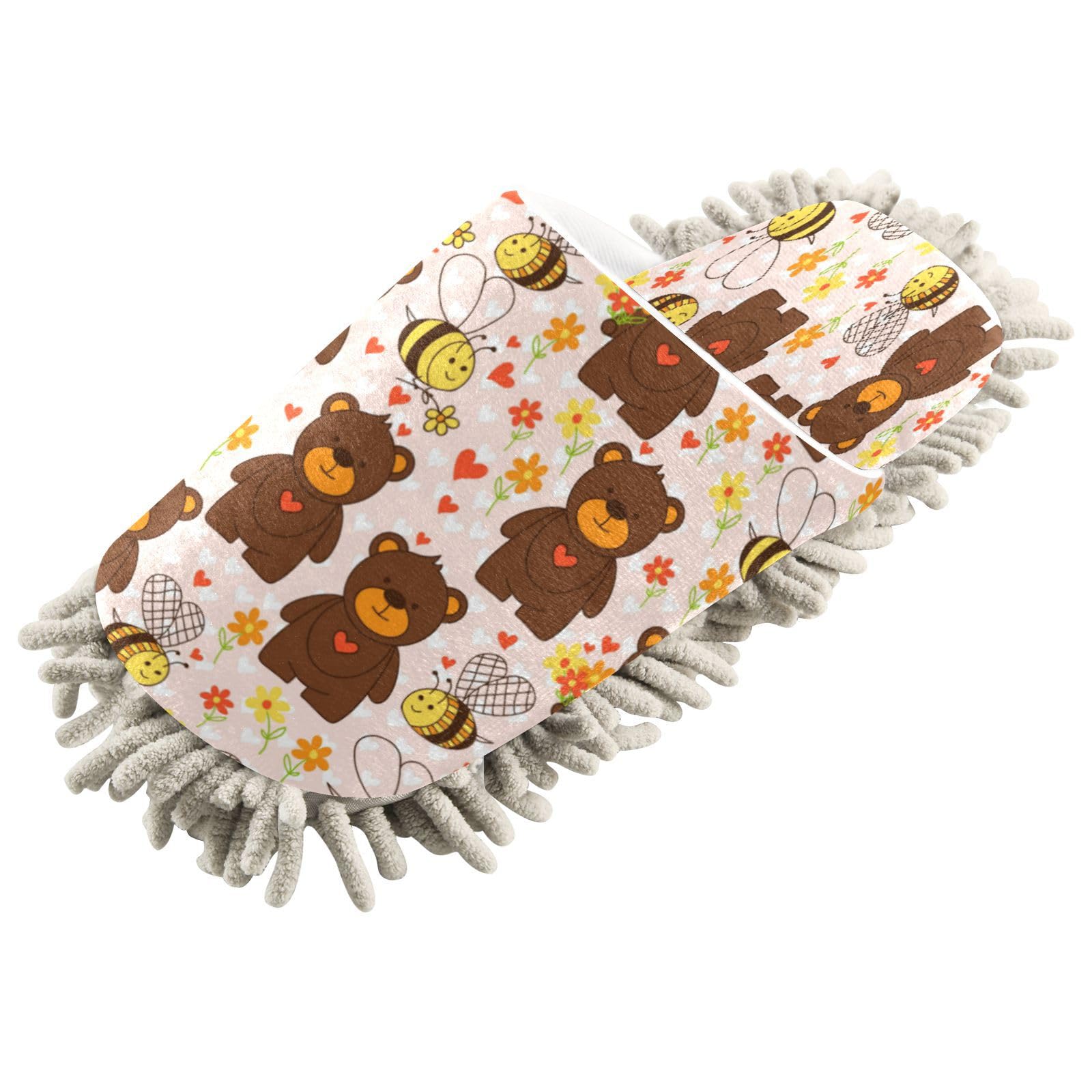 Cute Bear Mop Slippers for Men & Women - Non-Slip Cleaning House Shoes with Bees & Flowers Design - Perfect for Spa, Dusting & Home Comfort