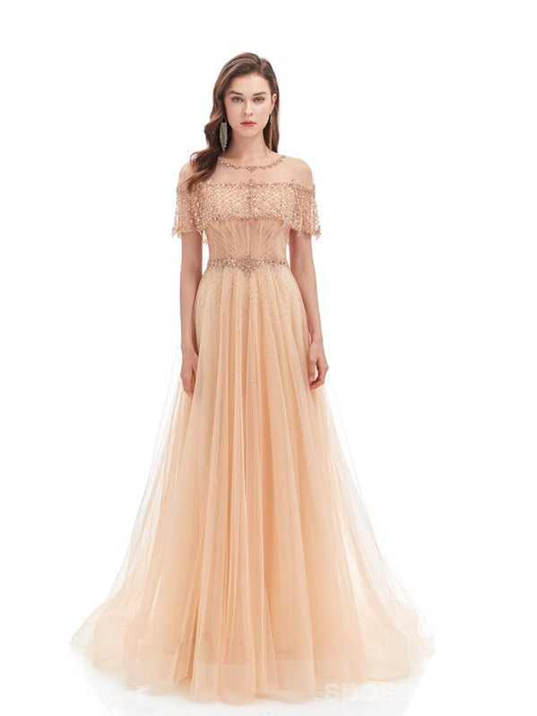 Elegant Champagne A-Line Short Sleeve Long Prom Dress for Women - Perfect for Homecoming, Formal Dances & Special Occasions | Style 12773
