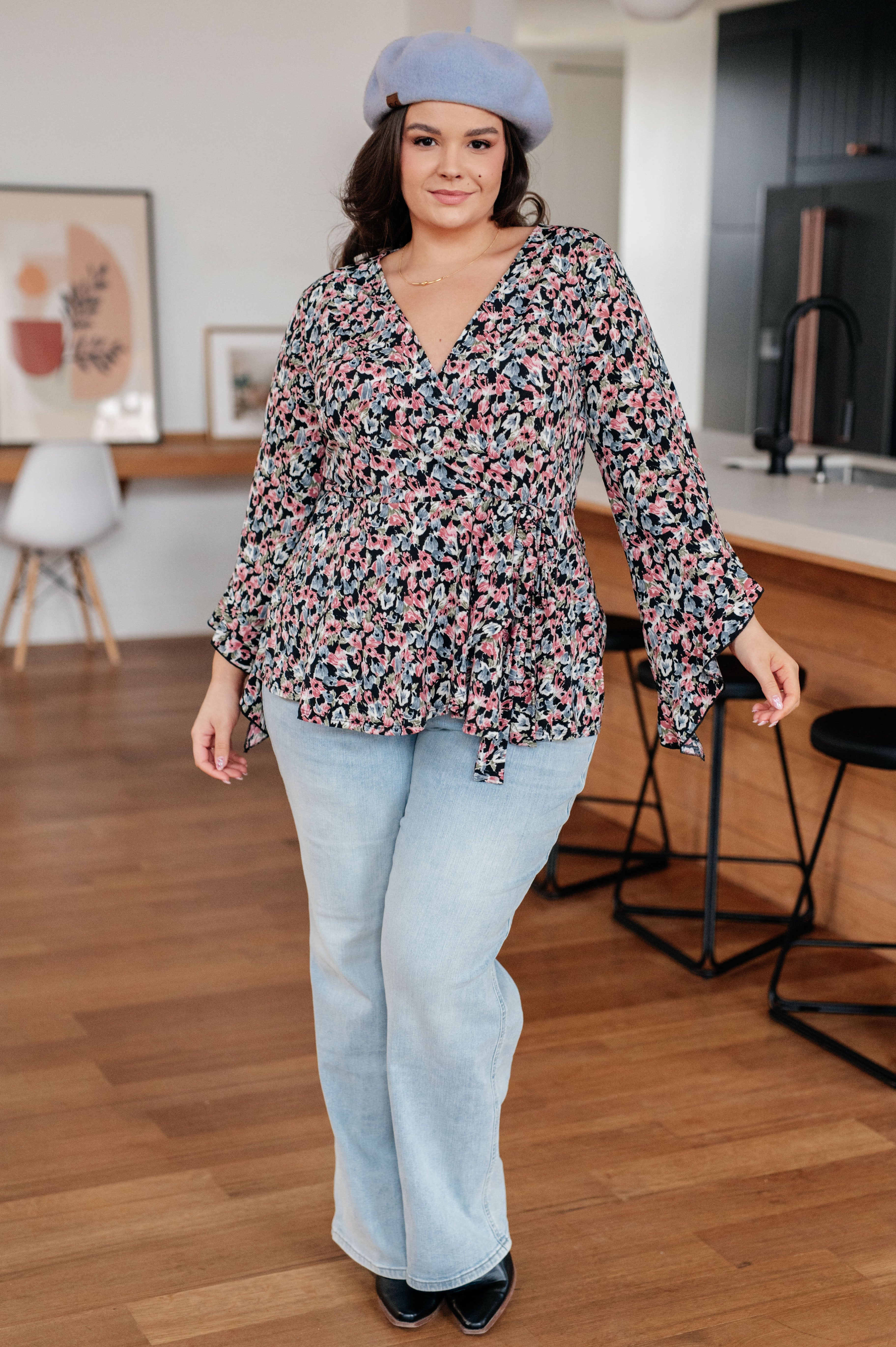 Black Floral Angel Sleeve Top for Women - Elegant Boho Blouse for Casual Wear, Date Night & Special Occasions