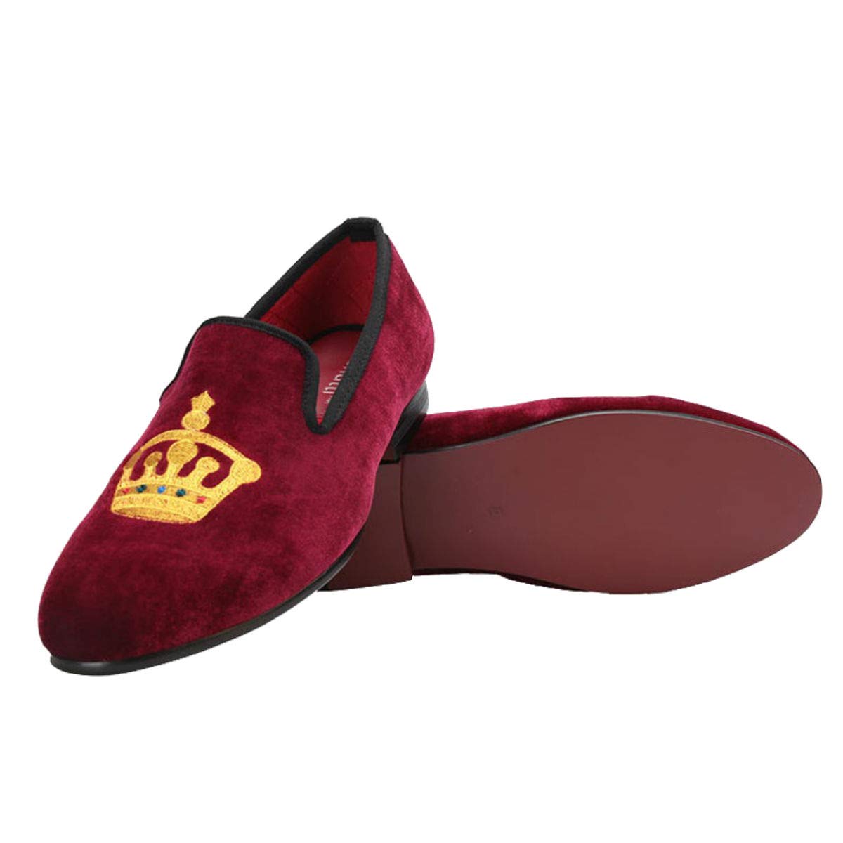 FERUCCI Handmade Burgundy Velvet Men's Loafers with Gold Crown - Luxurious House Slippers for Men, Comfortable Indoor/Outdoor Slippers for Relaxation & Lounging