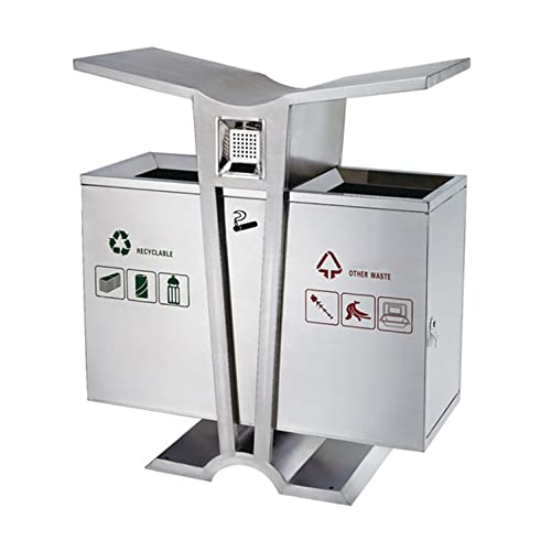 Stainless Steel Outdoor Trash Can with Built-in Ashtray - Heavy Duty Double Barrel Recycling Bin for Backyard, Deck, Patio & Garden Waste Sorting | Weatherproof & Durable Design
