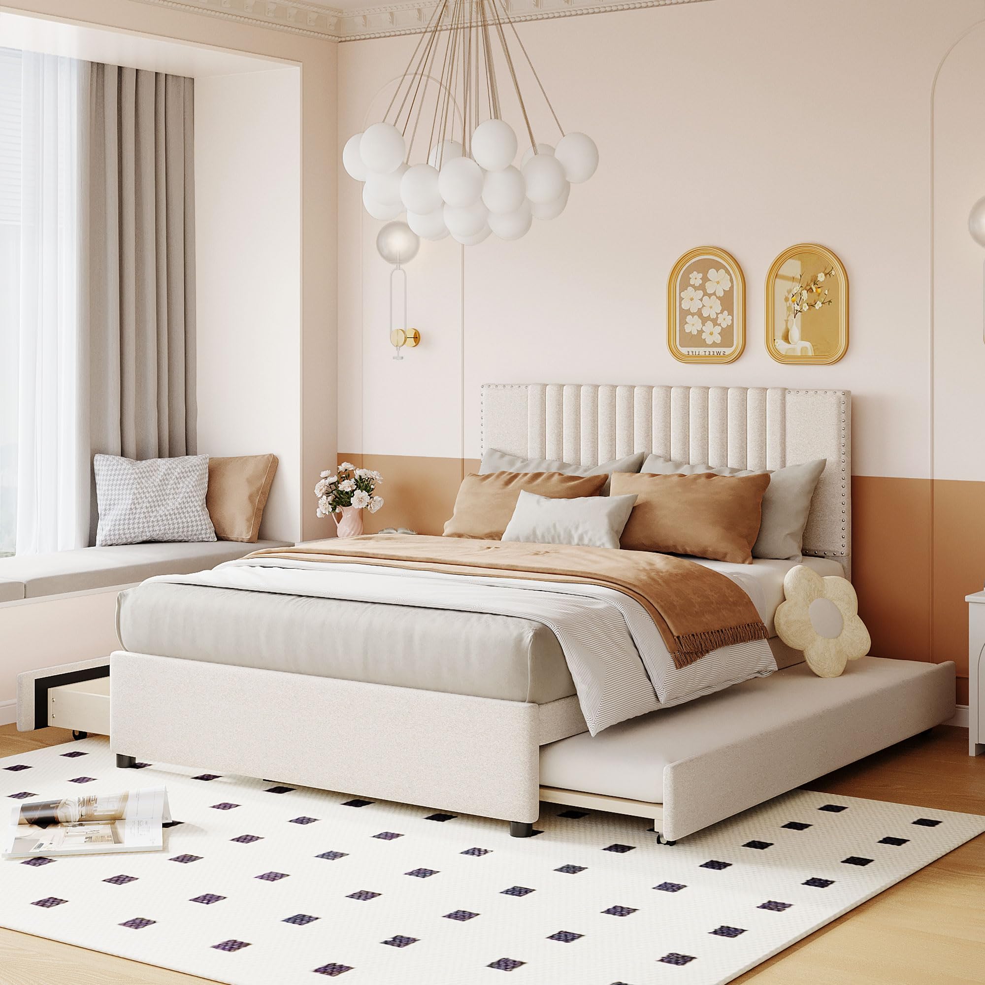 SOFTSEA Full Size Upholstered Platform Bed with Twin Trundle & Storage Drawers - Linen Fabric Bed Frame with Tufted Headboard & Nailhead Trim in Beige - Perfect for Guest Rooms, Small Spaces & Modern Bedroom Decor