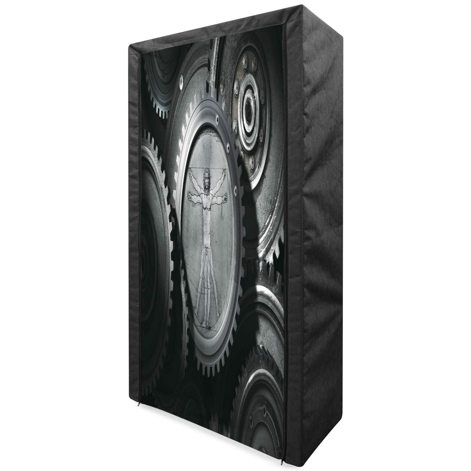 Ambesonne Industrial Portable Fabric Wardrobe with Wheels - Medieval Gear Themed Clothing Organizer & Storage Closet with Shelves, 33.5 Inches, Grey - Perfect for Bedroom, Closet Organization, Dorm Room, and Small Space Storage Solutions