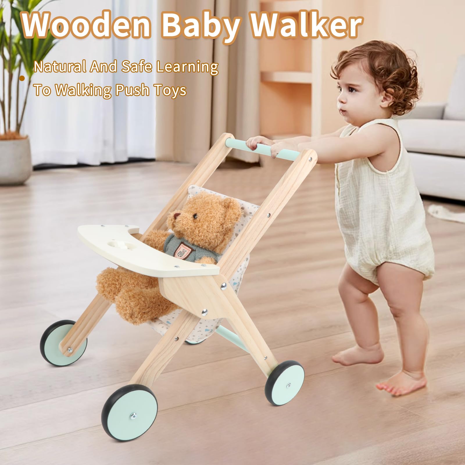 Wooden Baby Walker Doll Stroller - Toddler Push Toy for Boys & Girls, Learning Walking Aid with Shopping Cart Design | Perfect for First Steps, Indoor Play & Early Childhood Development