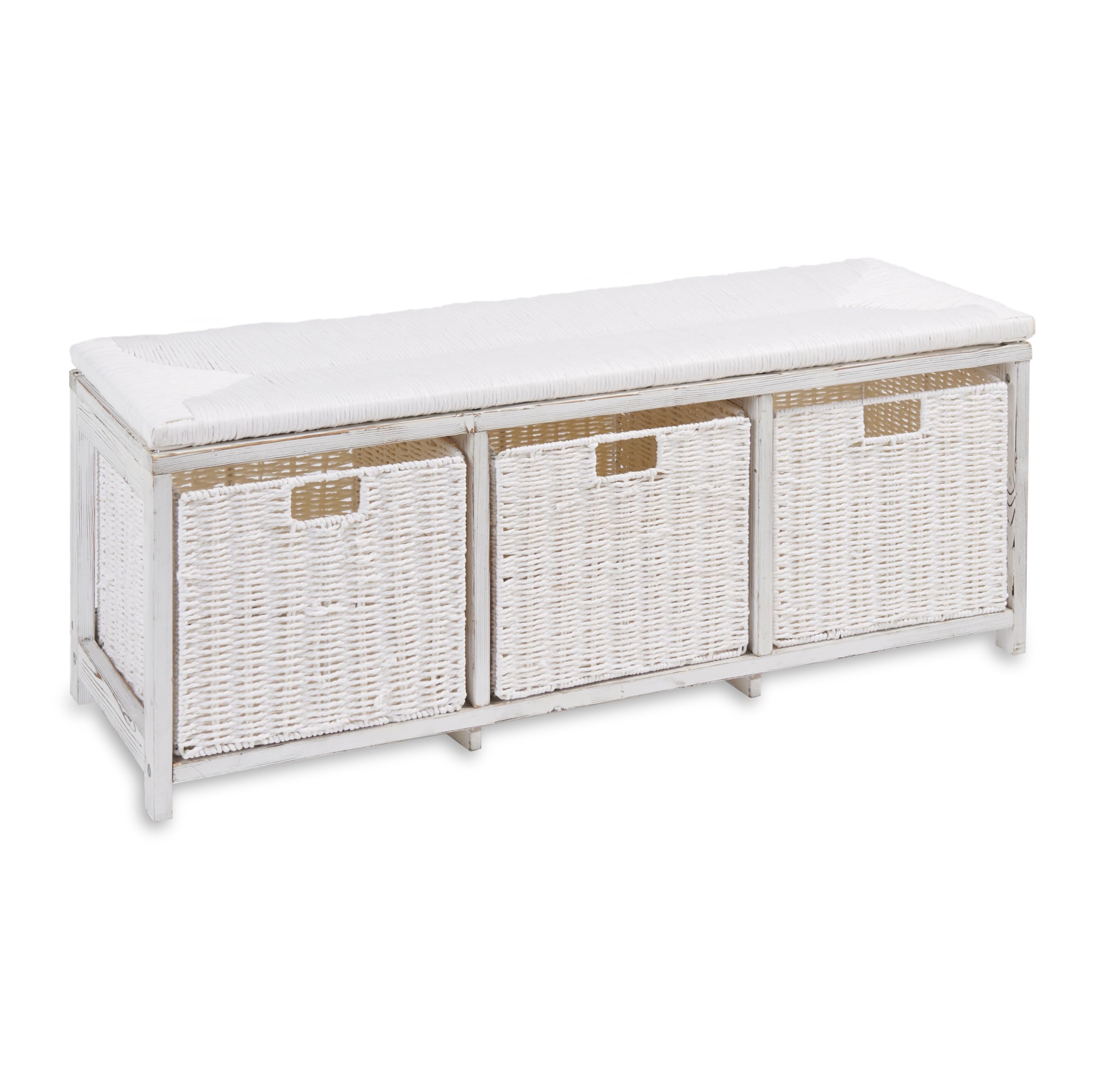Badger Basket White Toy Storage Bench for Kids with Woven Top & 3 Collapsible Baskets - Perfect for Nursery, Playroom & Bedroom Organization