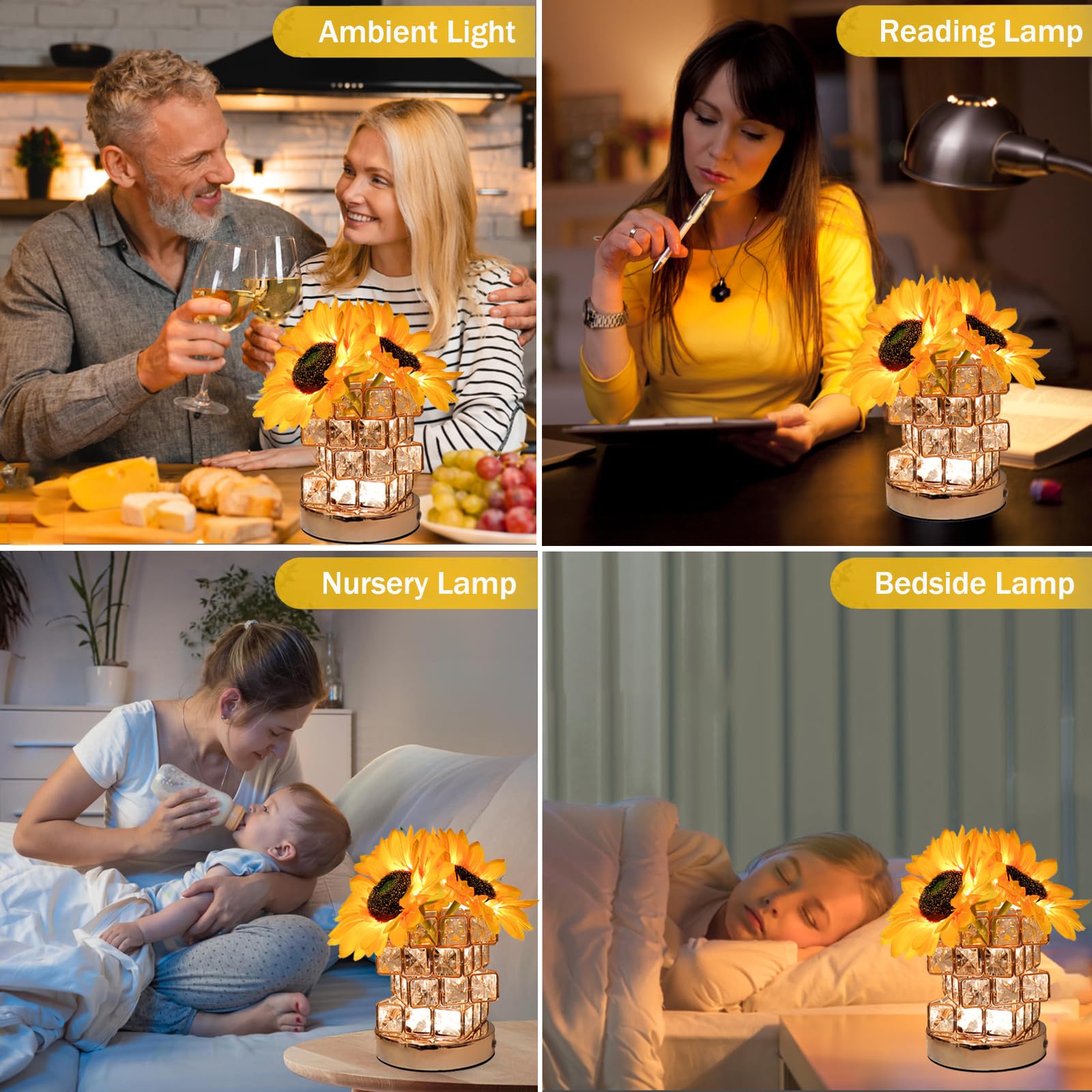 Dimmable LED Sunflower Table Lamp with Touch Control & Crystal Vase - USB Rechargeable Cordless Desk Light for Bedroom, Living Room, Office | Home Decor, Gift Idea (Yellow) | Perfect for Night Reading, Romantic Ambiance & Cozy Spaces