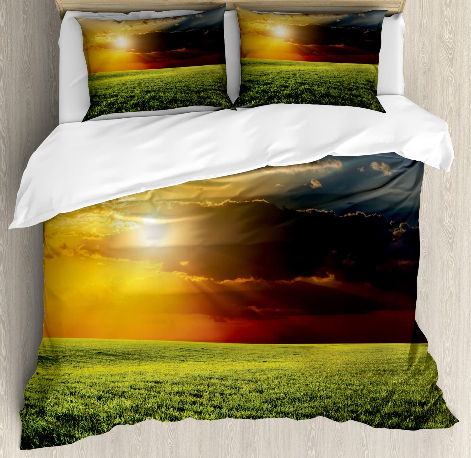 Ambesonne Rustic Duvet Cover Set - King Size 2-Pack with 2 Duvet Covers & 4 Pillowcases, Dramatic Sunset Agricultural Field Design with Sunbeams Through Dark Clouds in Green & Yellow | Farmhouse Bedroom Decor, Cozy Farmhouse Style Bedding for Master & Guest Rooms