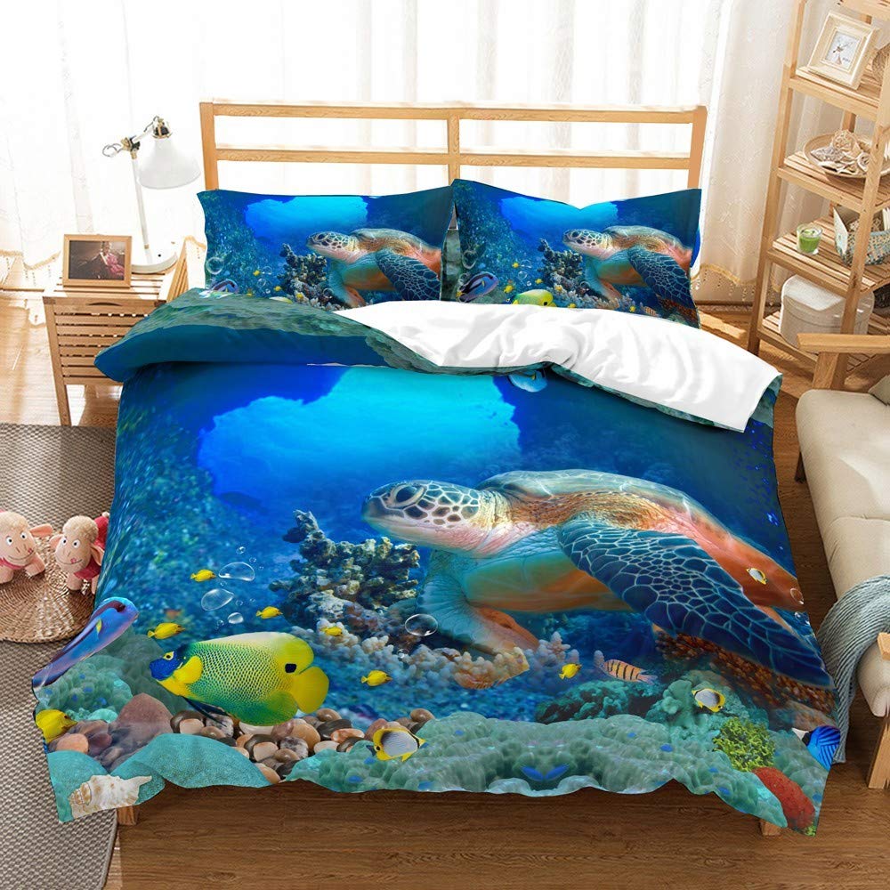 REALIN Marine Animals Duvet Cover Set - Sea Turtles, Penguin, Dolphin, Tropical Fish & Coral Print Bedding for Kids & Adults | 2-4PC Microfiber Quilt Cover with Sheet & Pillow Shams | Twin/Full/Queen/King Size | Perfect for Beach Themed Bedrooms & Ocean Lovers