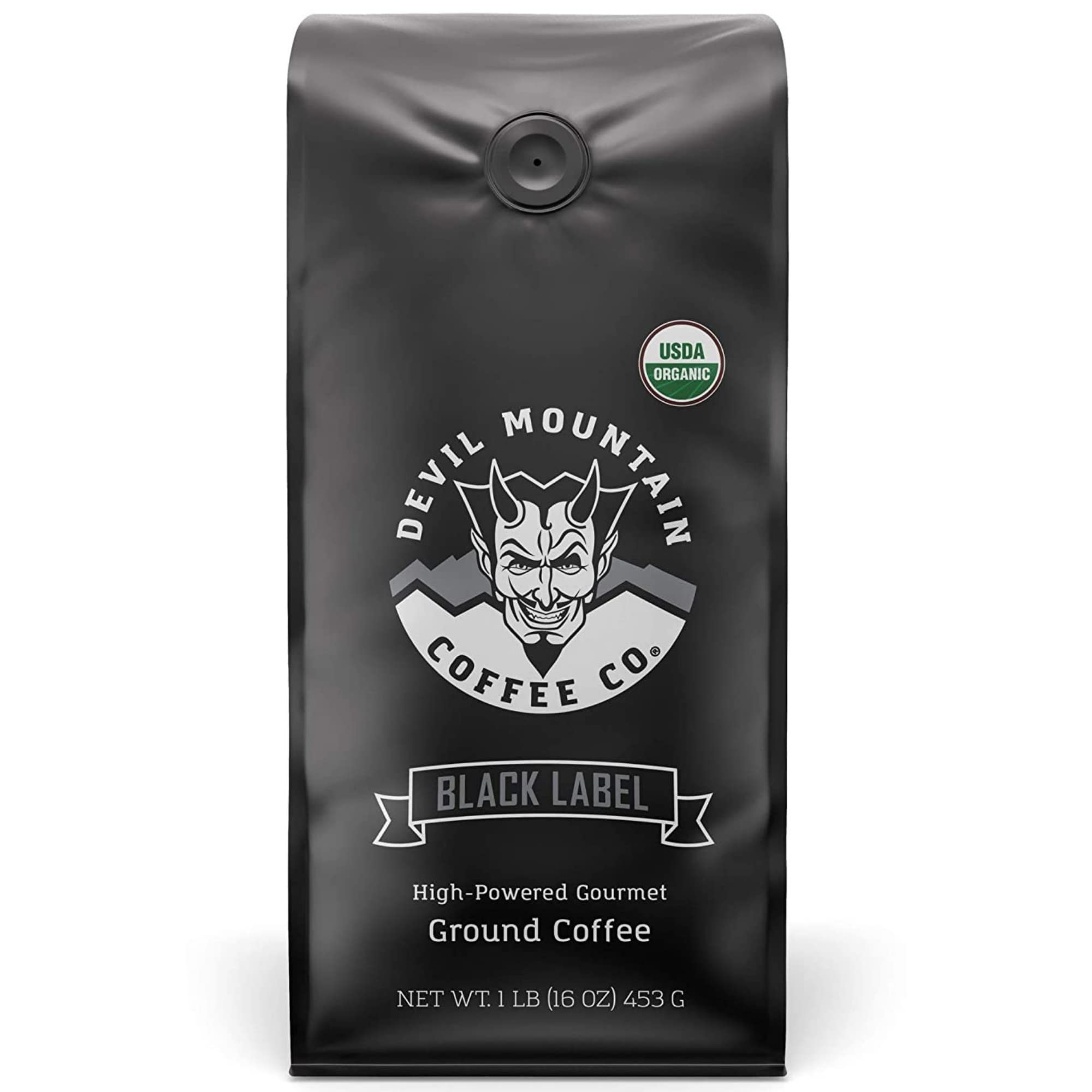 Devil Mountain Coffee Black Label Dark Roast Ground Coffee - Strong High Caffeine USDA Organic Fair Trade Gourmet Artisan Roasted - World's Strongest Coffee 16oz Bag - Perfect for Home Brewing, Office Use & Energy Boost