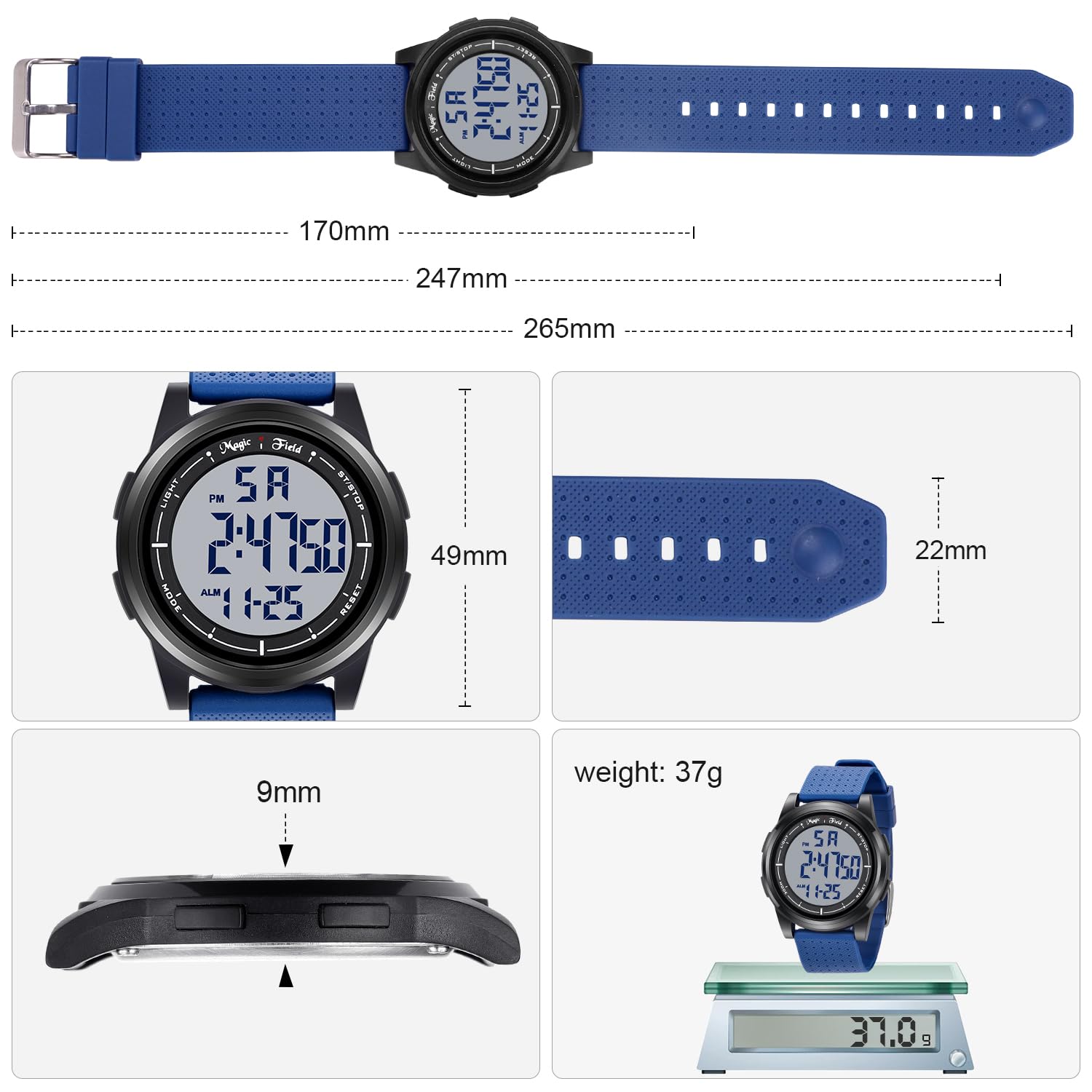 ManChDa Digital Sports Watch for Women & Men - Waterproof, Blue Rubber Strap with White Dial - Perfect for Running, Swimming & Outdoor Activities