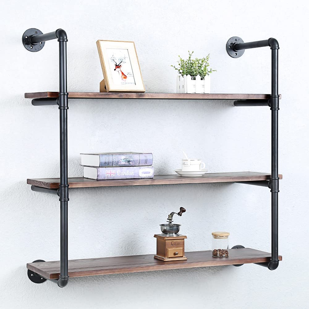 Industrial Pipe Shelving Wall Mounted - 36 Inch Rustic Metal Floating Shelves with Real Wood, Steampunk Style Bookcase, 3-Tier Farmhouse Kitchen Bar Shelving Unit for Home, Office & Retail Display