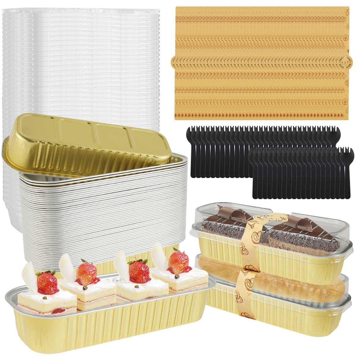 200pcs Mini Loaf Pans with Lids, Spoons & Stickers - 200ml Heat-Resistant Aluminum Baking Tins, Reusable Foil Bread Containers for Cake, Cupcakes & Desserts - Perfect for Home Kitchen Baking, Party Treats & Holiday Gifts (Gold)