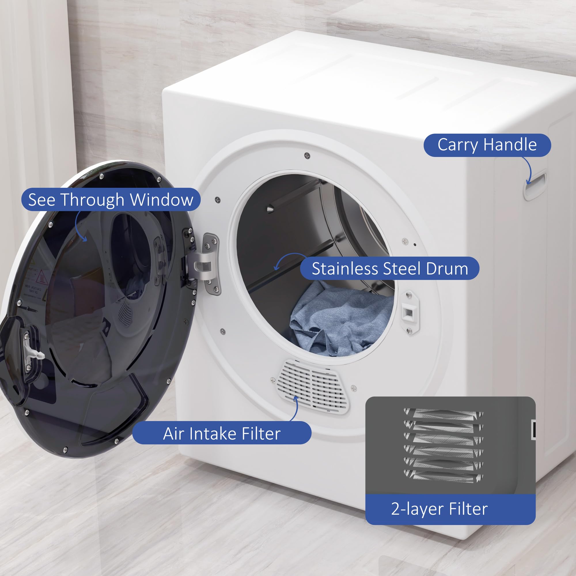 HOMCOM 850W Portable Electric Clothes Dryer - 1.5 cu.ft Stainless Steel Tub, 4 Drying Modes, 9 lbs Capacity - Compact Front Load Dryer for Apartments, Dorms, RVs & Small Spaces - White | Perfect for Laundry Rooms, Tiny Homes & Travel Use