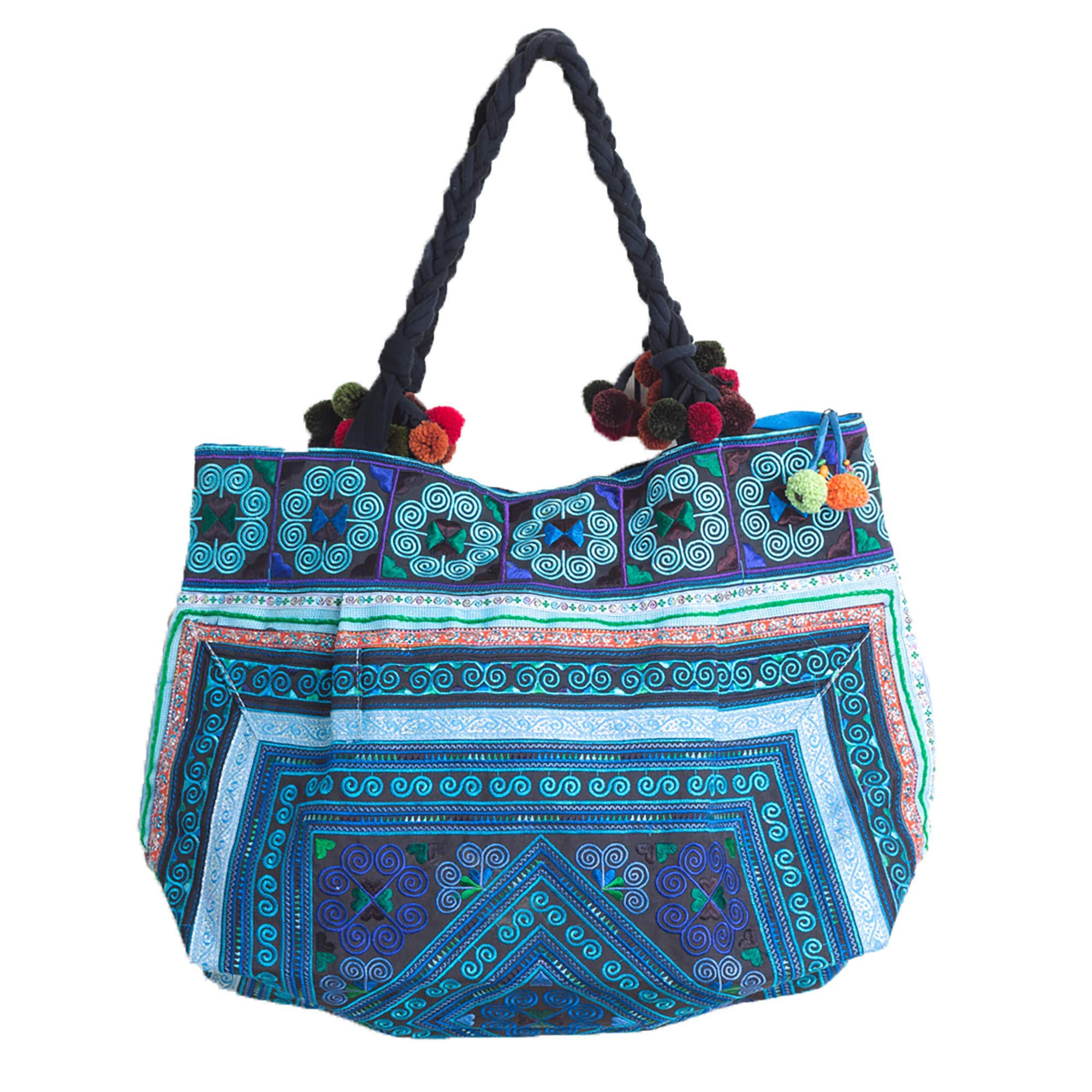 Changnoi Handmade Embroidered Tote Bag - Large Hmong Tribal Beach Bag for Women, Eco-Friendly Cotton Carryall for Travel, Shopping & Daily Use
