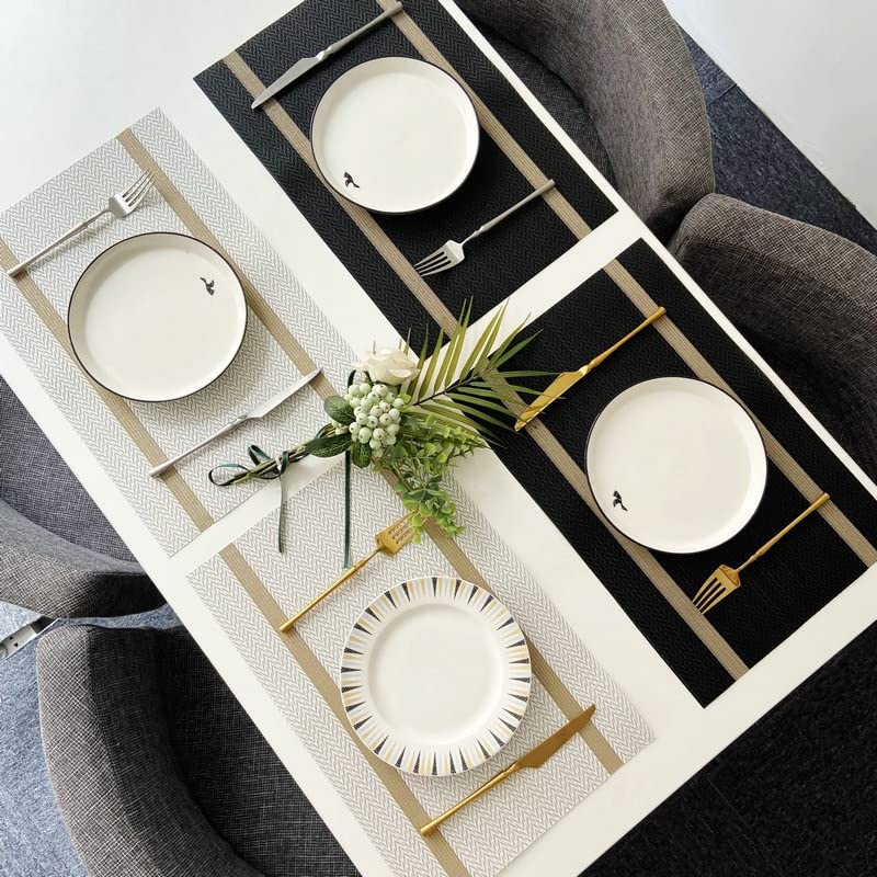 Premium 6-Piece Black Placemat and Table Runner Set - Elegant & Durable Table Decor for Dining Room, Wedding Banquet, Hotel Events - Washable & Stain-Resistant for Daily Use