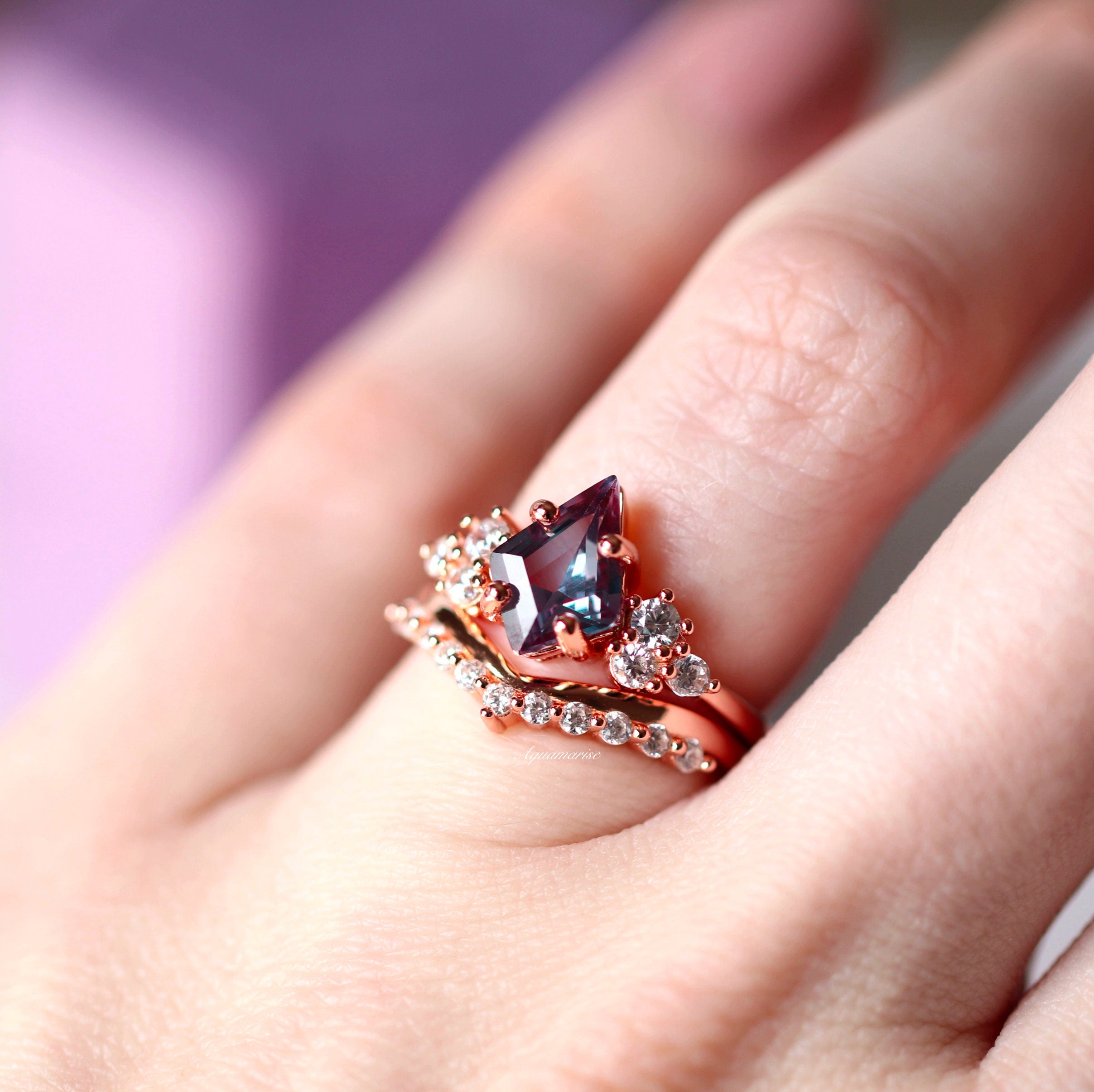 Skylar Alexandrite Ring Set - 14K Rose Gold Vermeil Stackable Rings for Women | Perfect for Engagement, Wedding, Anniversary & Everyday Wear