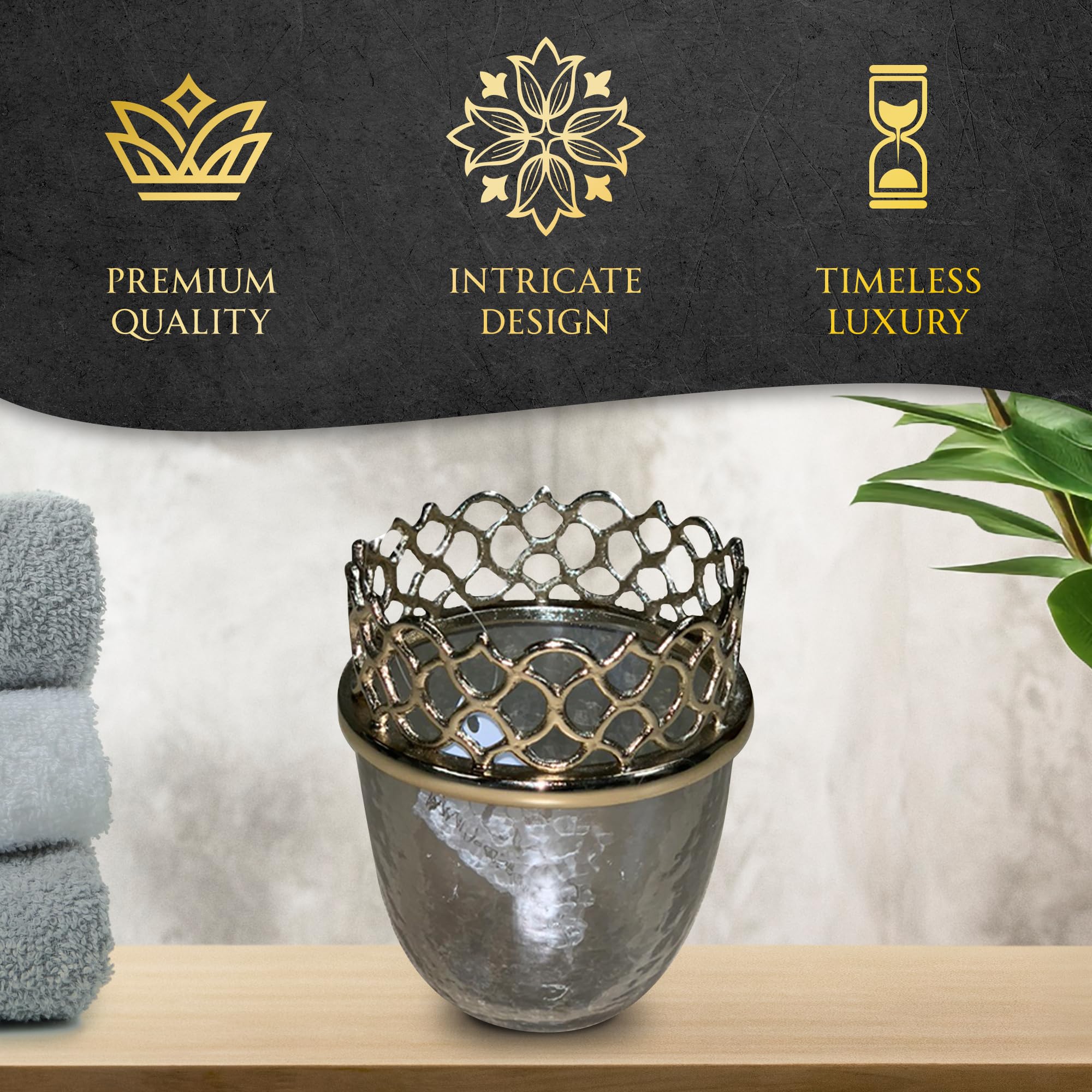 Decozen Brass and Glass Gold Finish Bathroom Tumbler Cup - Elegant Toothbrush Holder & Kitchen Decor for Premium Home Accessories | Arabesque Collection | Perfect for Bathroom Countertop, Vanity Organizer and Luxury Home Decor
