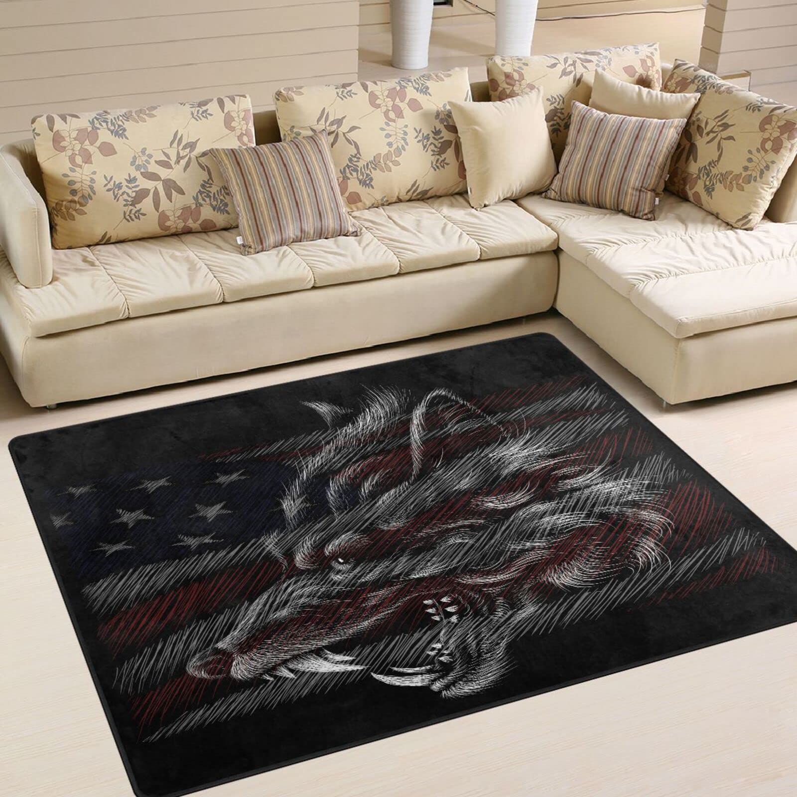 ALAZA American Flag Wolf Star Striped Area Rug - 5'3