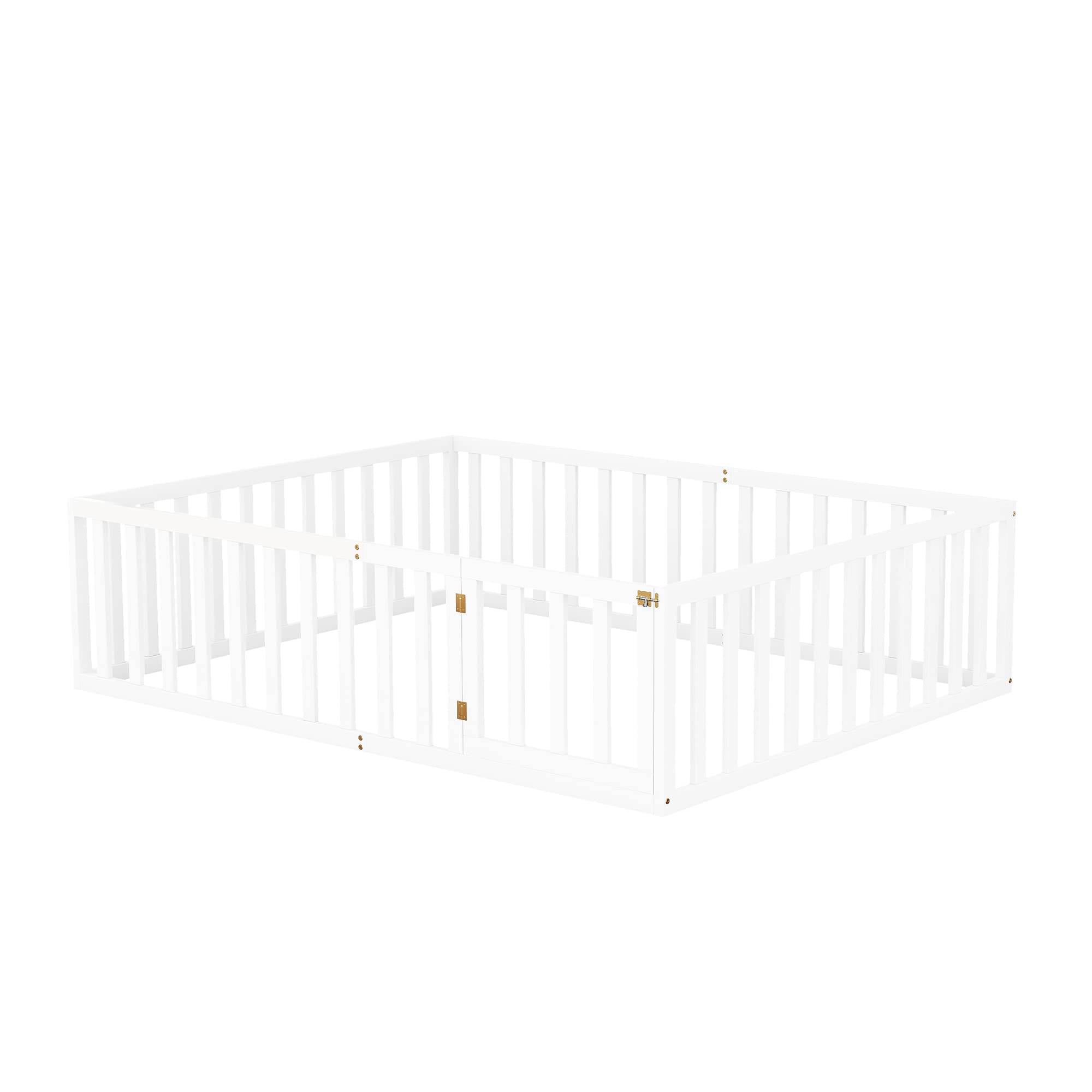 Polibi White Queen Size Wooden Floor Bed Frame with Fence & Door - Open Row Design Kids Floor Bed for Montessori Bedroom, Playroom or Nursery - Solid Wood Toddler Bed with Safety Rails