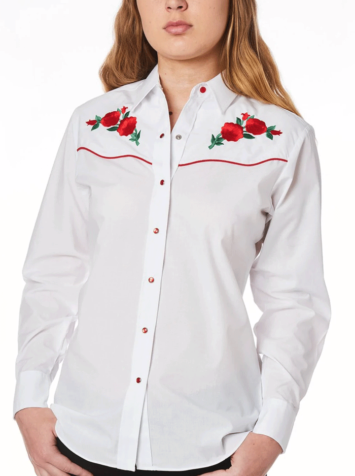 Ely Cattleman 15303801 06 Women's Western Shirt - White with Red Rose Embroidery, Long Sleeve Cowgirl Top for Rodeo, Country Music Festivals & Western Fashion