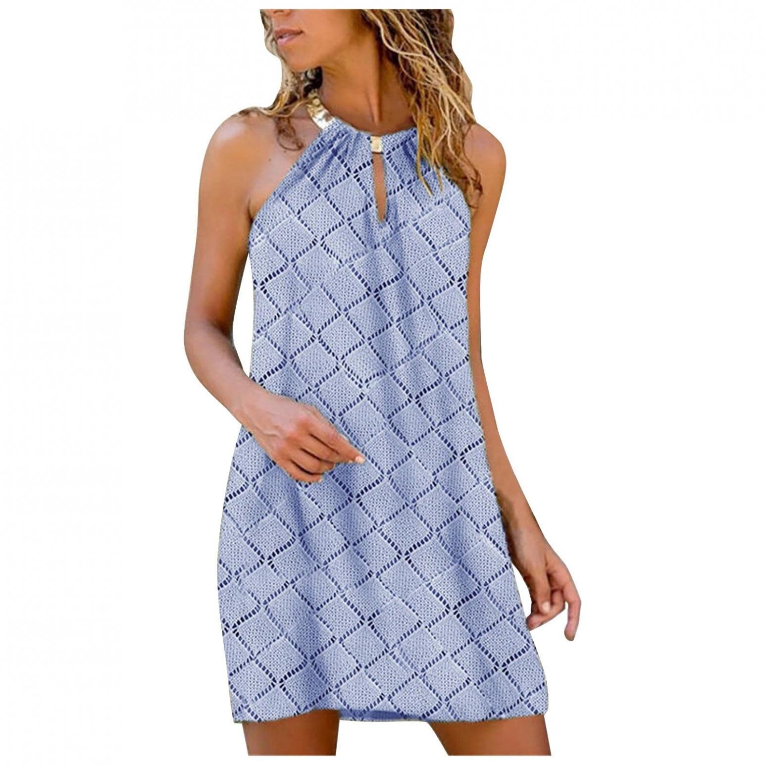 2022 Women's Summer Dresses - Halter Neck Sleeveless Mini Sundress with Diamond Print | Casual Short Dress for Beach, Vacation & Outdoor Parties