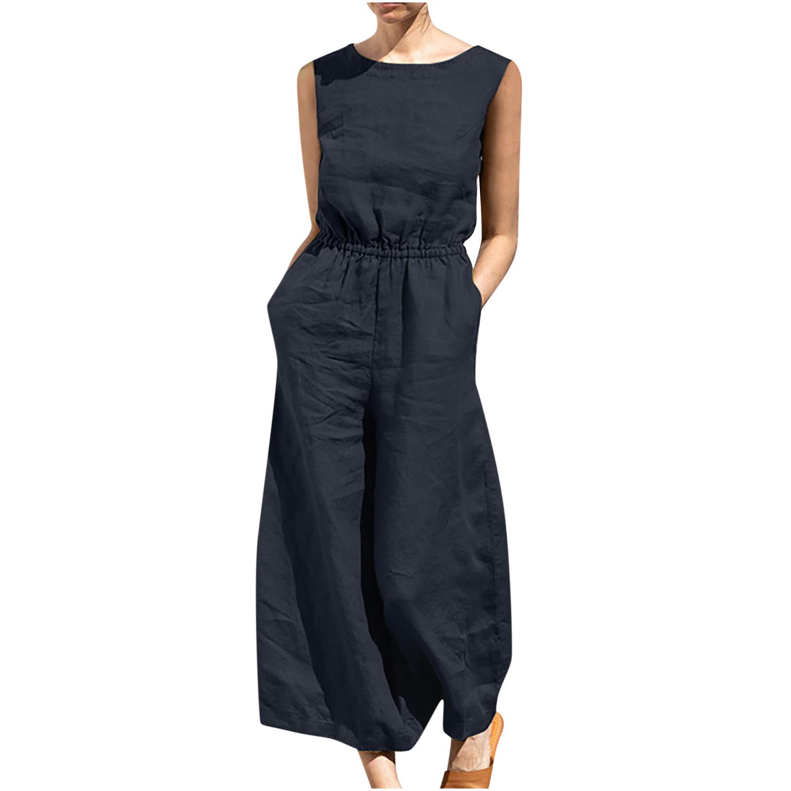**Ceimmol Women's Sleeveless Jumpsuit - Comfy Loose Romper with Pockets, Solid Color Straight Pants | Casual Summer Outfit, Beachwear, Lounge Wear**