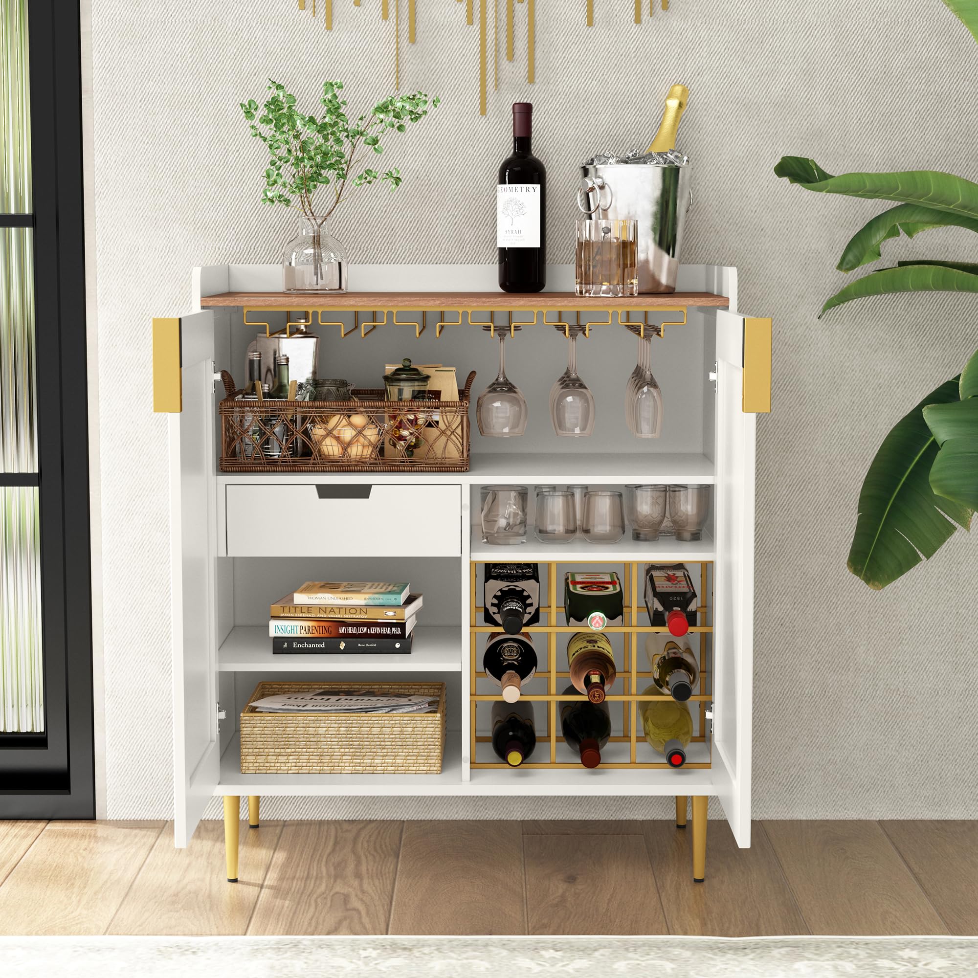 Modern White Wine Bar Cabinet with Fluted Texture - Freestanding Kitchen Buffet Sideboard with Wine Rack & Glass Holder for Dining Room, Living Room | Perfect for Home Entertaining, Wine Storage & Stylish Kitchen Organization