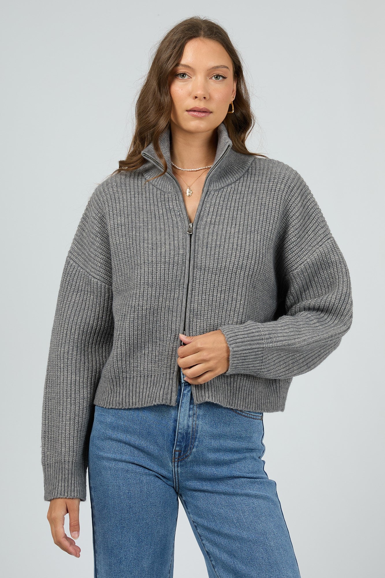 All About Eve Bridie Knit Zip Through Charcoal Cardigan - Women's Stylish Layering Piece for Work, Date Night & Fall Fashion