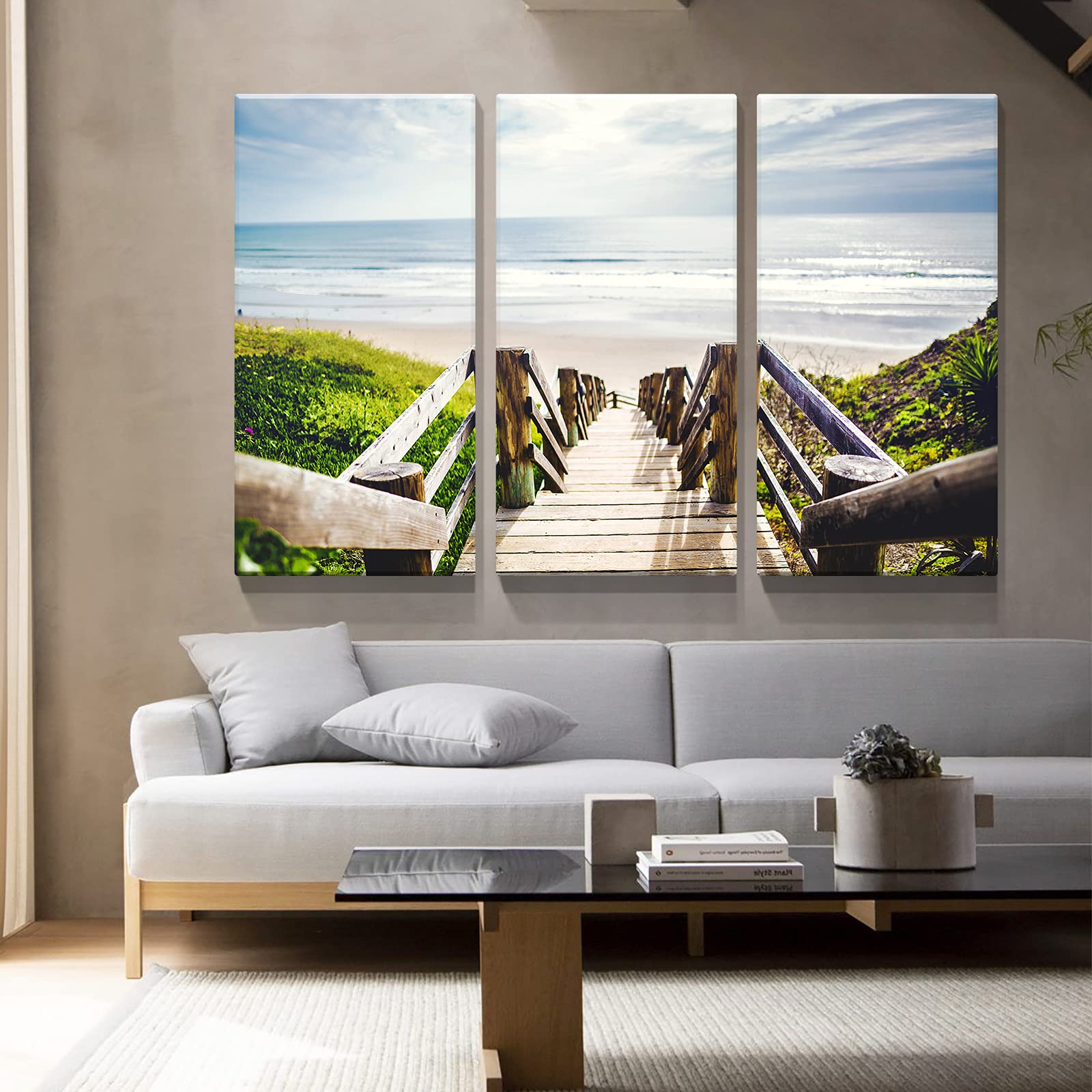 Denozer 3-Panel Beach Wooden Bridge Boardwalk Stair Wall Art - Stretched Canvas Painting for Home & Office Decor (16