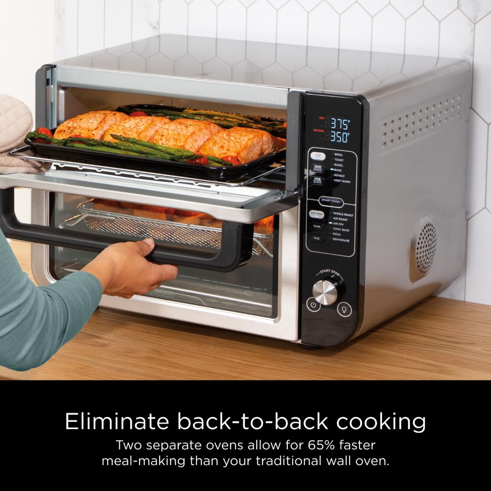 Ninja DCT401 12-in-1 Double Oven with FlexDoor, FlavorSeal & Smart Finish - Rapid Convection Top & Air Fry Bottom - Bake, Roast, Toast, Air Fry, Pizza - Stainless Steel Countertop Oven for Home Kitchen, Small Spaces & Holiday Cooking