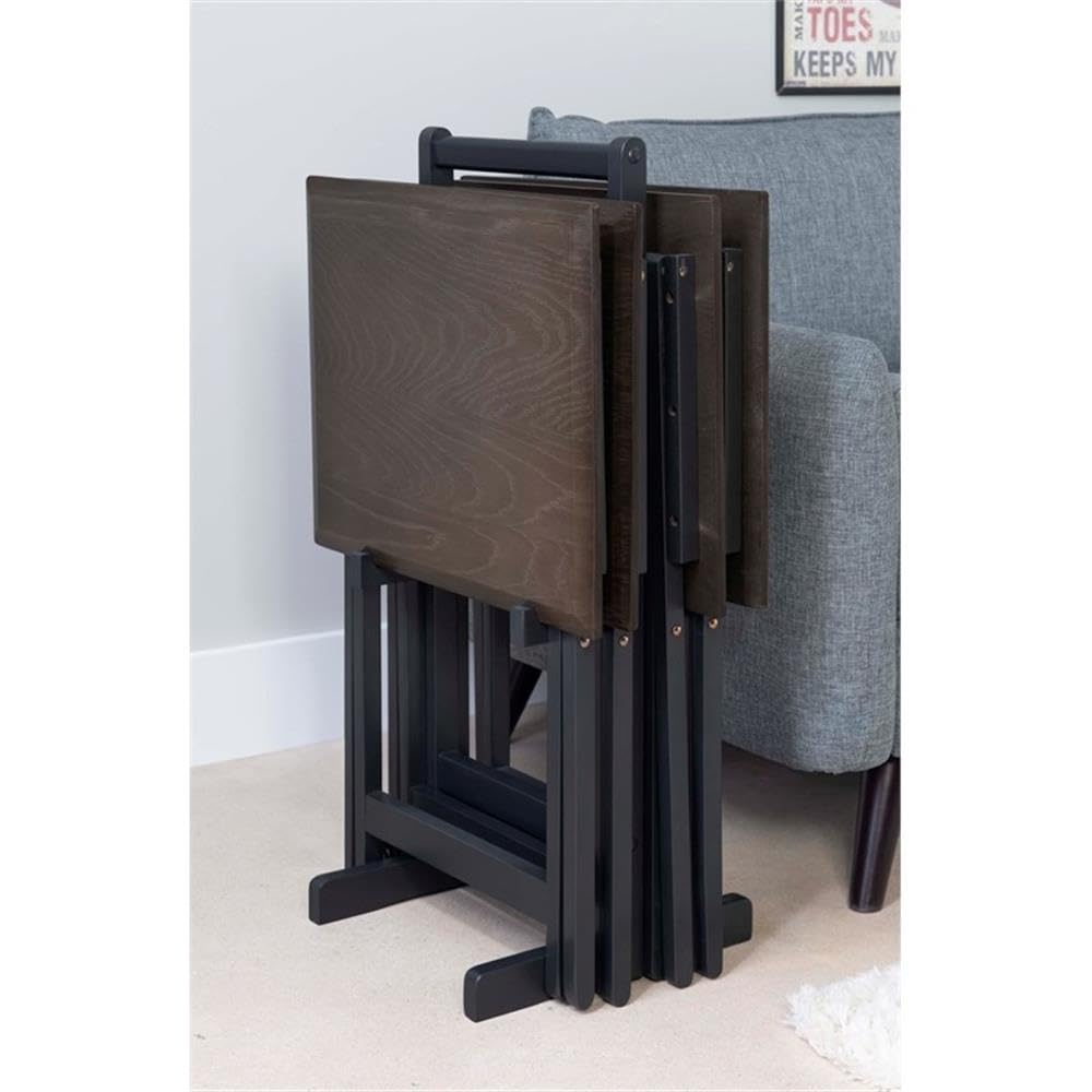 Linon Morris Folding Wood 5-Piece Tray Table Set with Stand - Brown Wooden Nesting Tables for Living Room, Bedroom & Outdoor Use