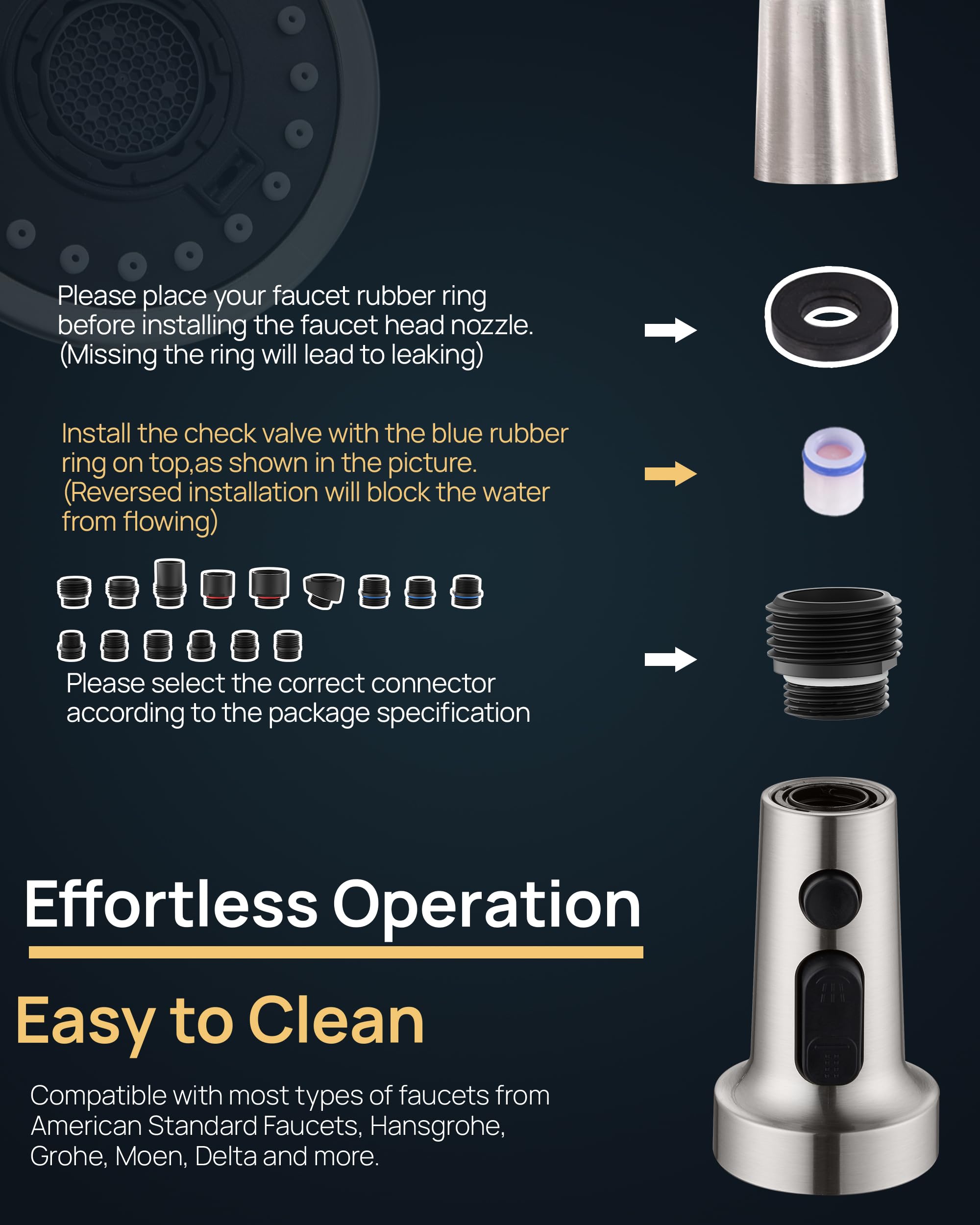 J-HVA 3 Function Pull Down Kitchen Faucet Sprayer Head Replacement with 15 Adapters - Brushed Nickel Pull Out Sink Spray Nozzle for Easy Dishwashing, Vegetable Cleaning & Sink Rinsing