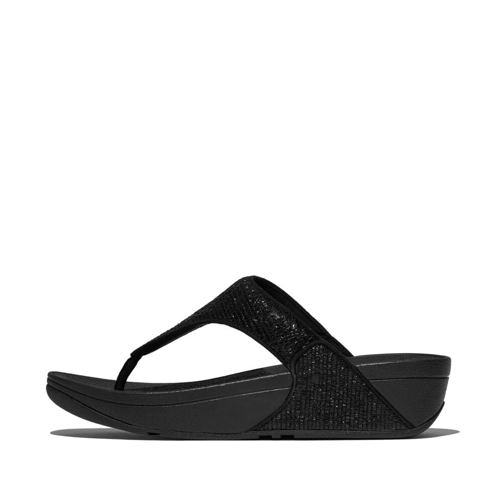 FitFlop Lulu Crinkled Shimmer Sandals for Women - Metallic Black | Comfortable Summer Beach Flip Flops with Arch Support | Perfect for Vacation, Poolside & Casual Outings