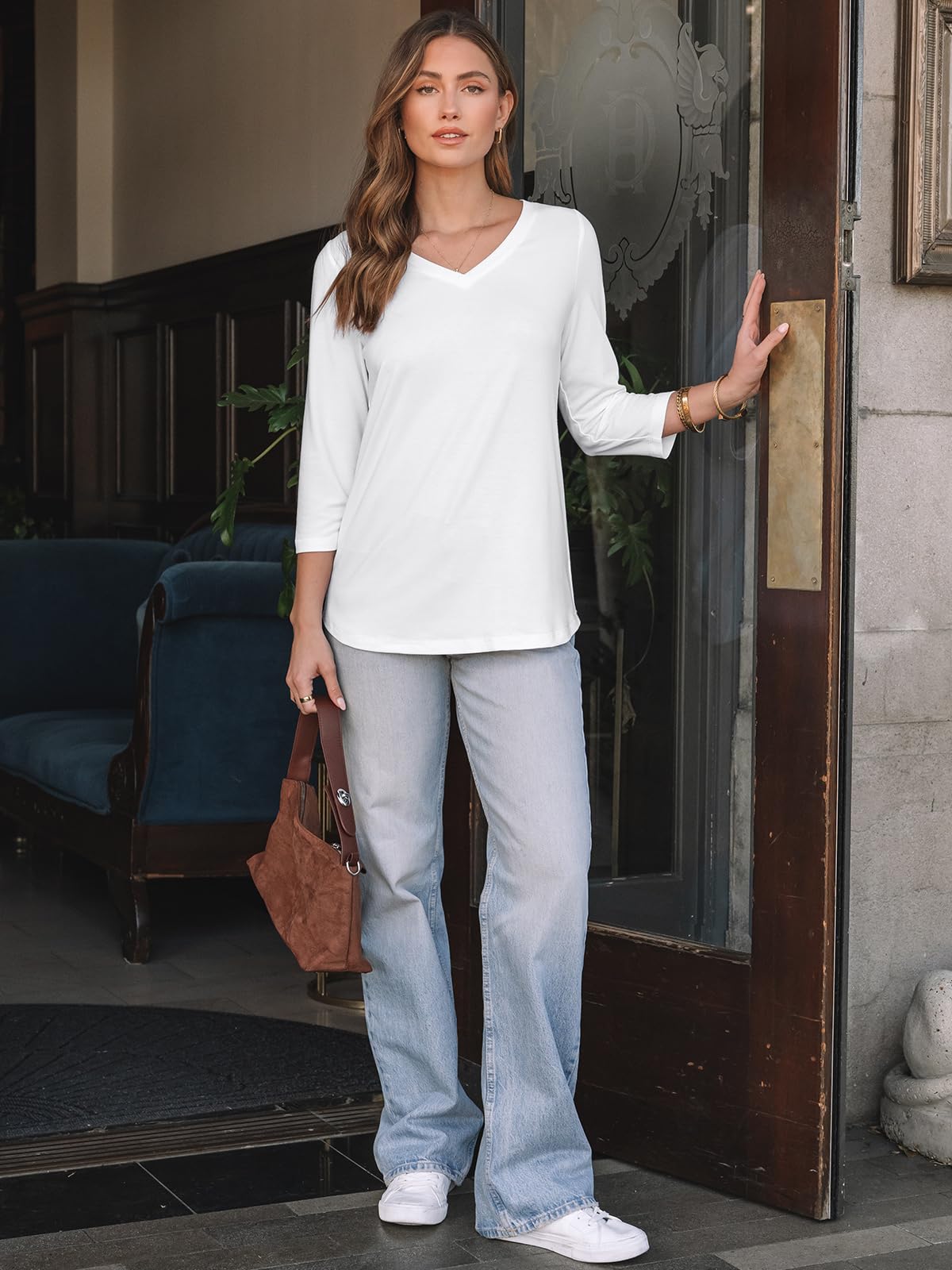 AUTOMET Women's 3/4 Sleeve V-Neck Tunic Top - 2025 Summer Casual & Work Blouse - Spring Office Wear, Weekend Outfits & Daily Comfort