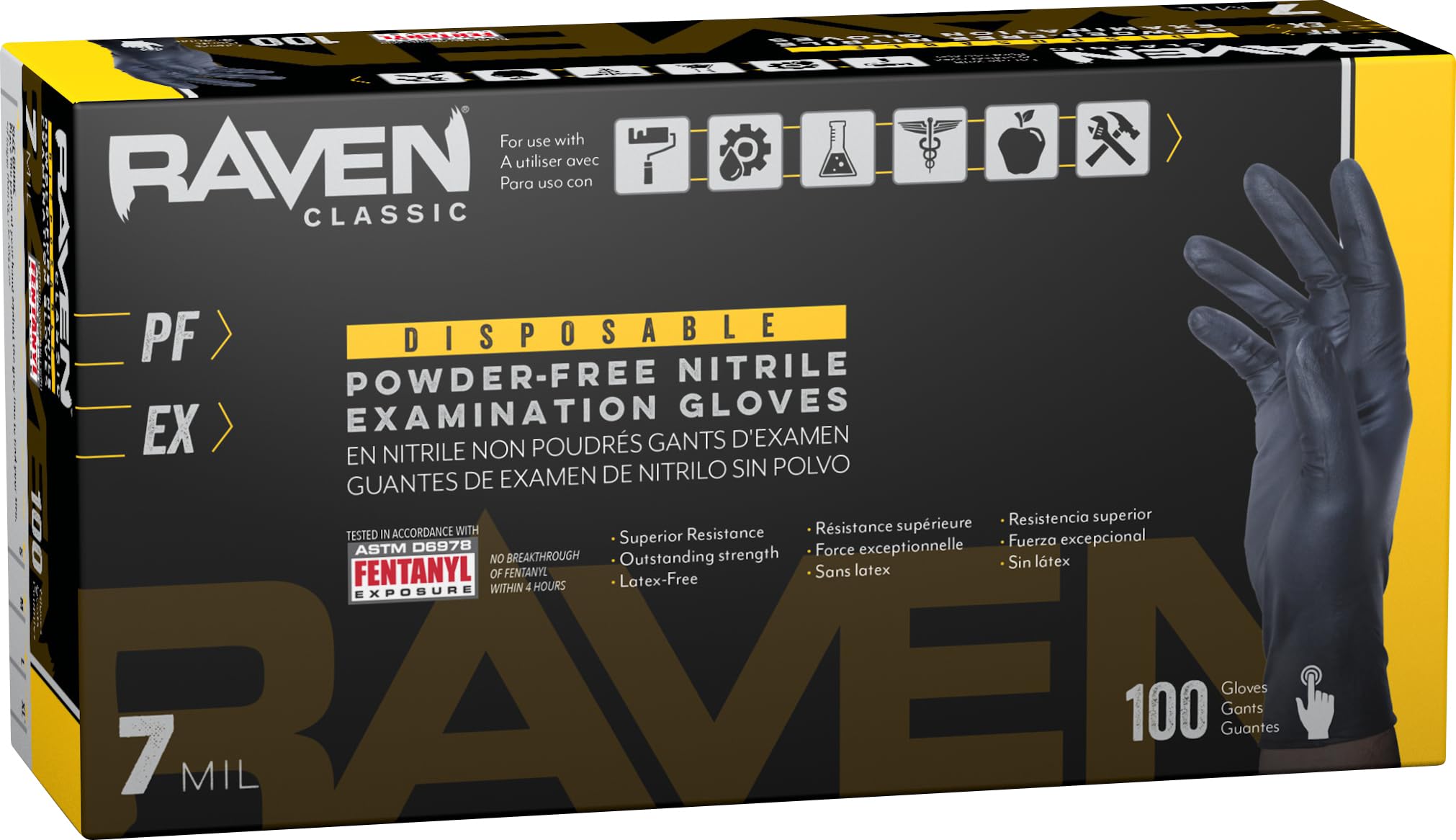 10 Pack SAS Safety 66519 Raven 6 mil Black Nitrile Disposable Gloves - X-Large (100 Gloves per Box) | Heavy-Duty Chemical Resistant Gloves for Medical, Laboratory, Tattoo & Automotive Work