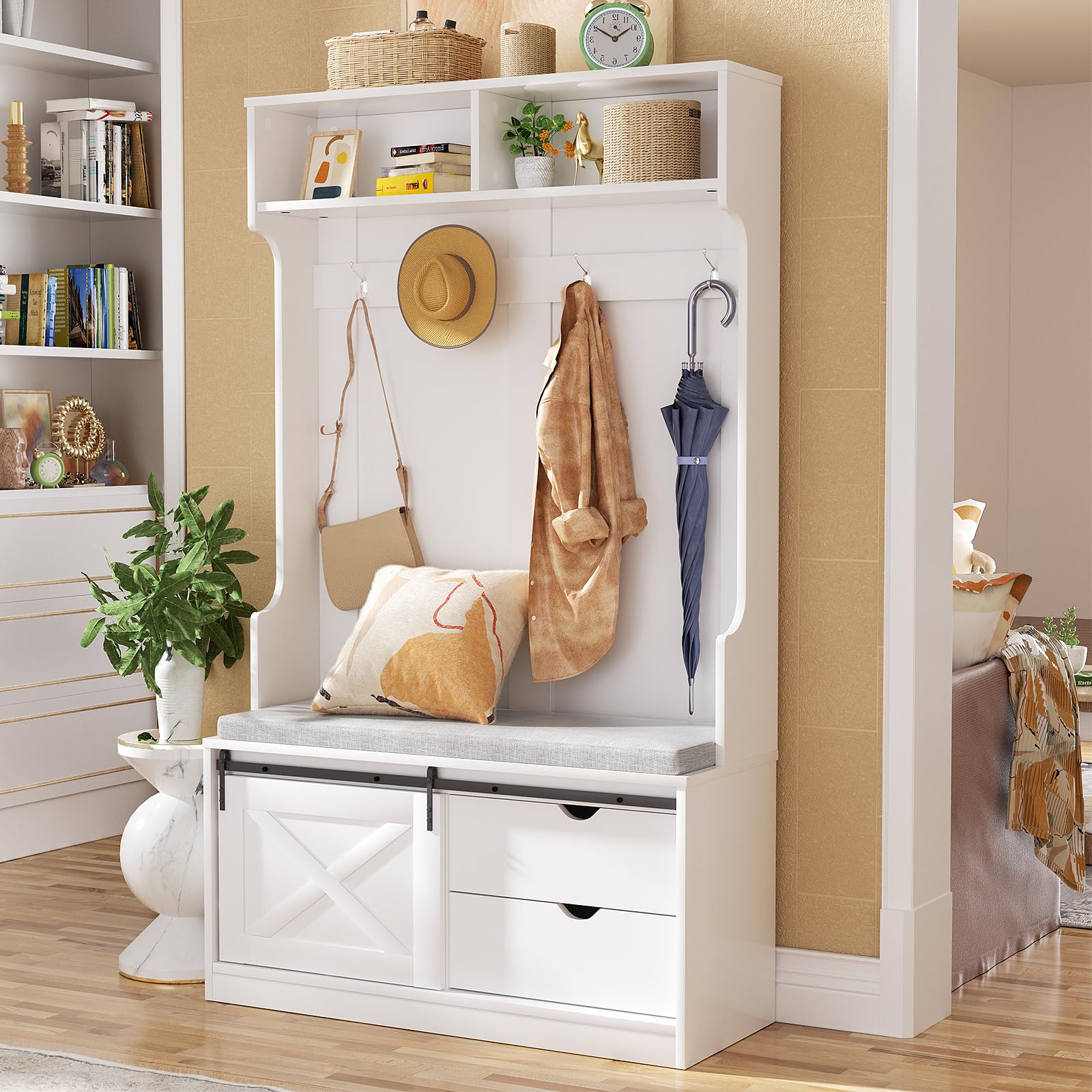 LOVMOR White Entryway Hall Tree with Shoe Storage, Coat Rack & Bench - Upholstered Shoe Storage Bench with Slide Cabinet Organizer Drawer & Adjustable Shelf | Perfect for Small Spaces, Entryway Organization & Home Decor