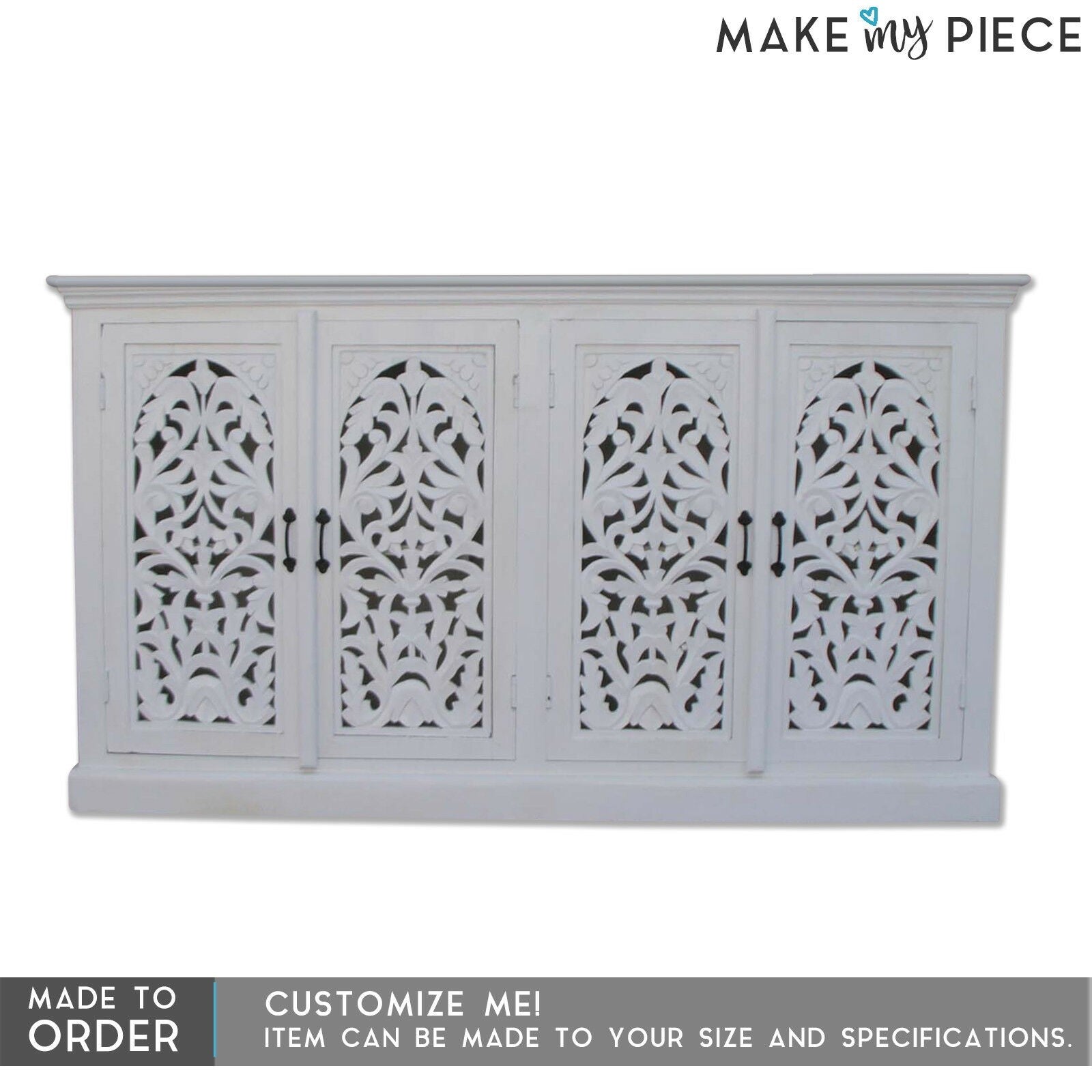 Hand Carved White Floral Jali Design Sideboard 160cm - Elegant Storage Solution for Living Room, Dining Room & Entryway