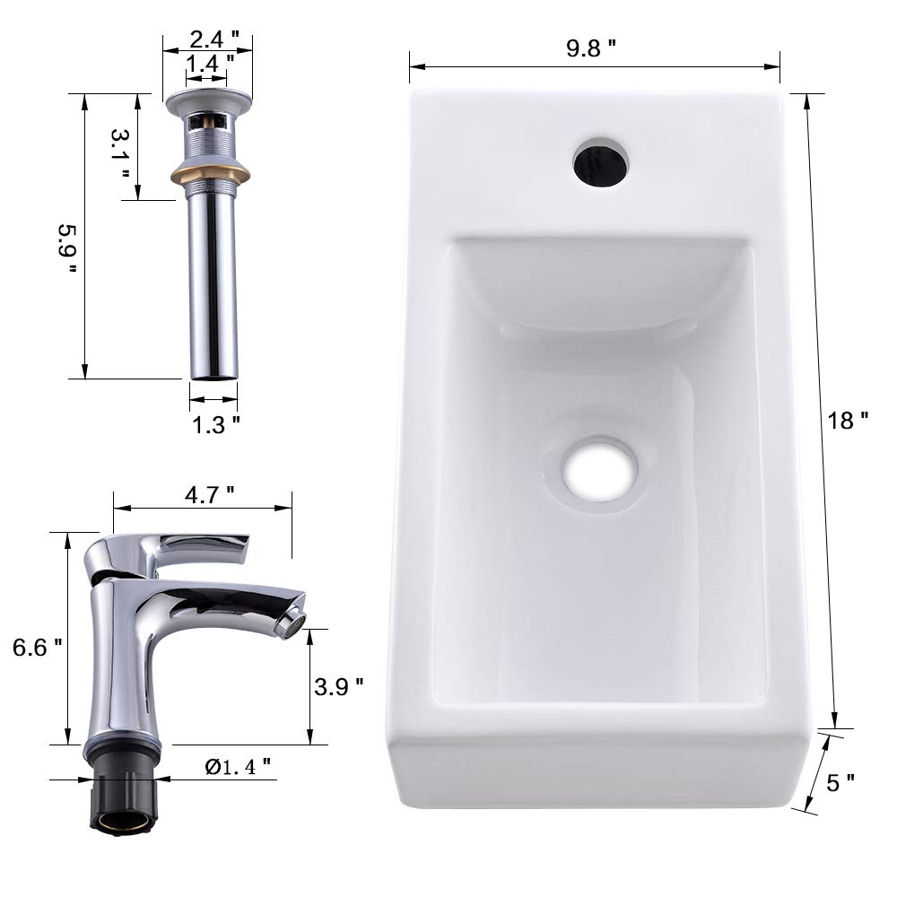 Bokaiya 18 Inch White Porcelain Corner Bathroom Sink with Faucet & Drain - Wall Mount Small Rectangle Ceramic Vanity Sink (Right Hand) - Perfect for Small Bathrooms, Powder Rooms & Space-Saving Designs