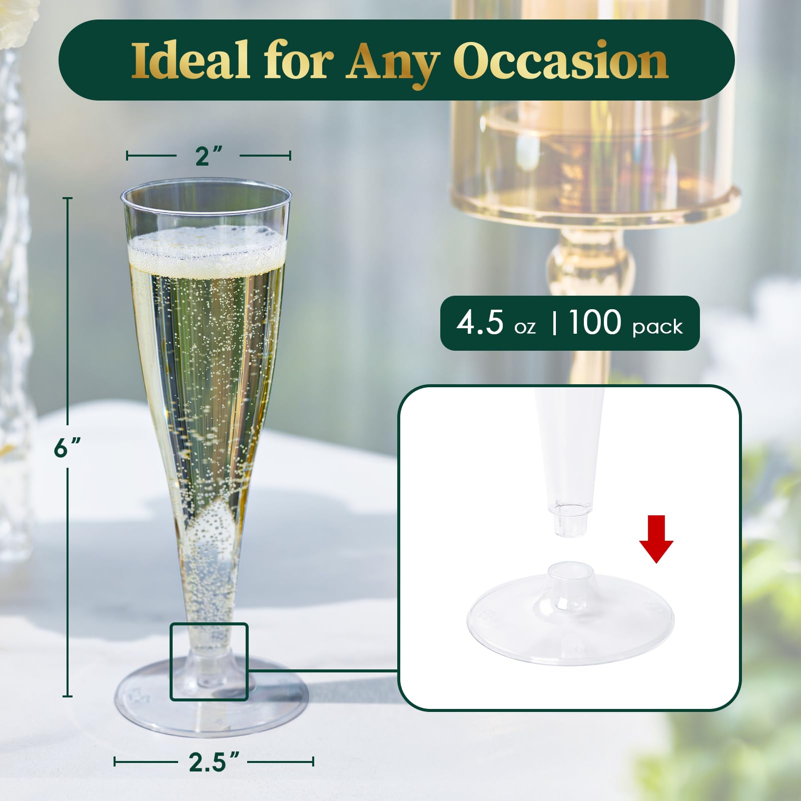 FOCUSLINE 100 Pack 4.5 Oz Clear Plastic Champagne Flutes - Disposable Recyclable Toasting Glasses for Wedding, Party, Bridal Shower & Events - Elegant Drinkware for Celebrations & Special Occasions