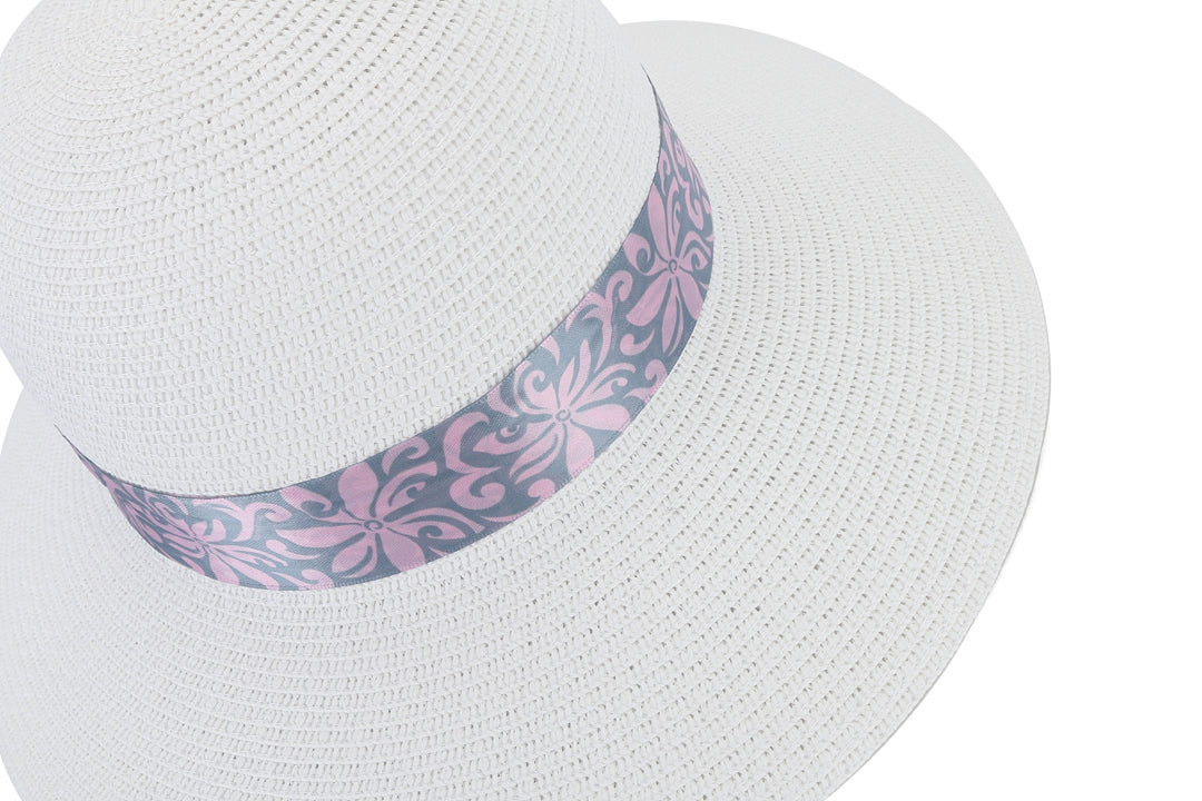 Elegant White Tapa Tiare Hat with Pink and Grey Orchid Design - Perfect for Beach Vacations, Garden Parties & Summer Outfits