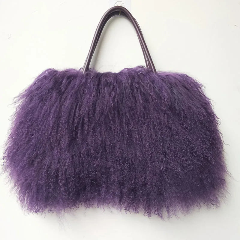 Genuine Mongolia Lamb Fur Handbag for Women - Natural Long Hair Fur Shoulder Bag - Elegant Tote Purse for Casual & Winter Fashion - Perfect for Daily Use, Office, and Special Occasions