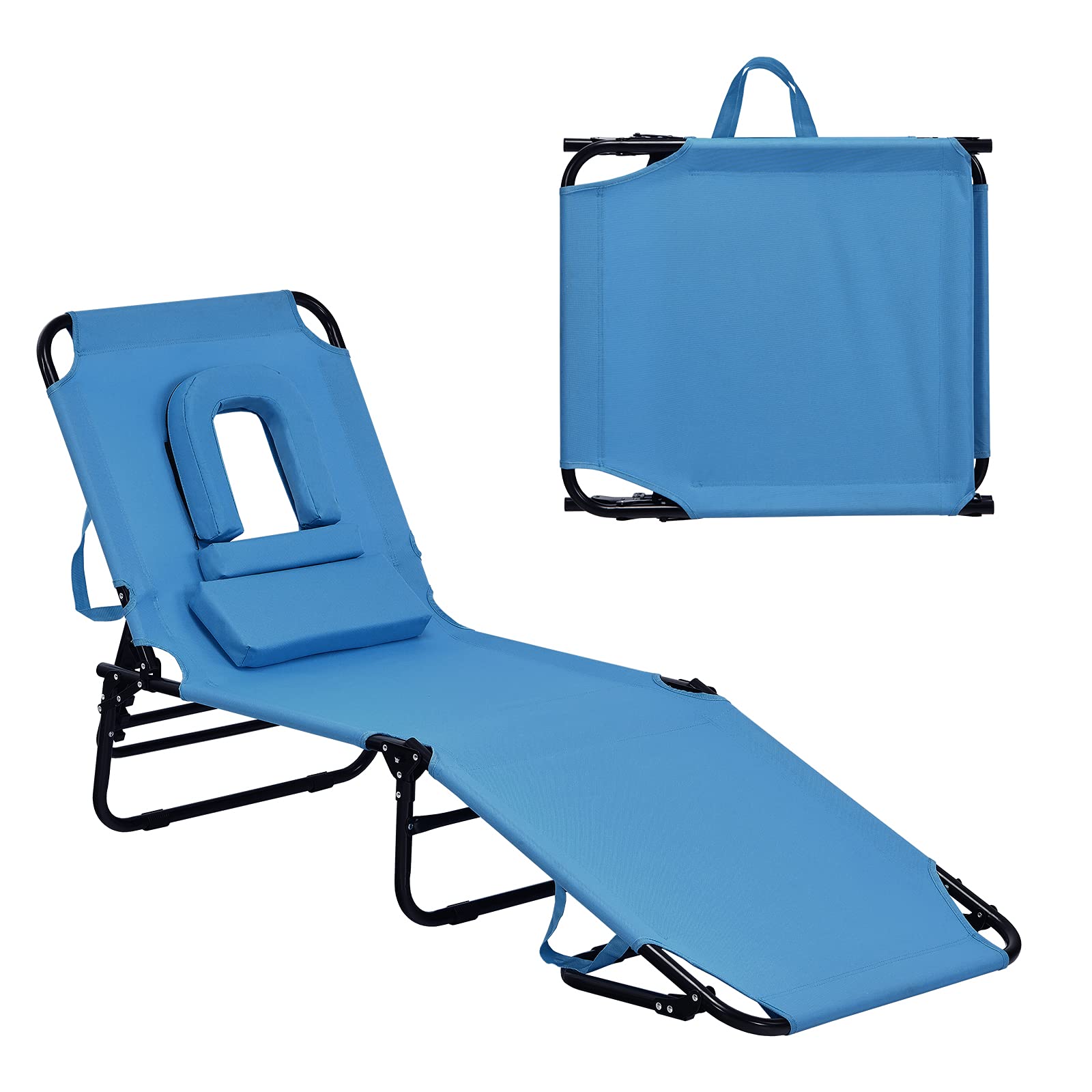 GYMAX Adjustable Folding Beach Lounge Chair - Reclining Sunbathing Chair with Face Hole for Patio, Poolside & Backyard Relaxation | Perfect for Vacation, Camping & Outdoor Leisure